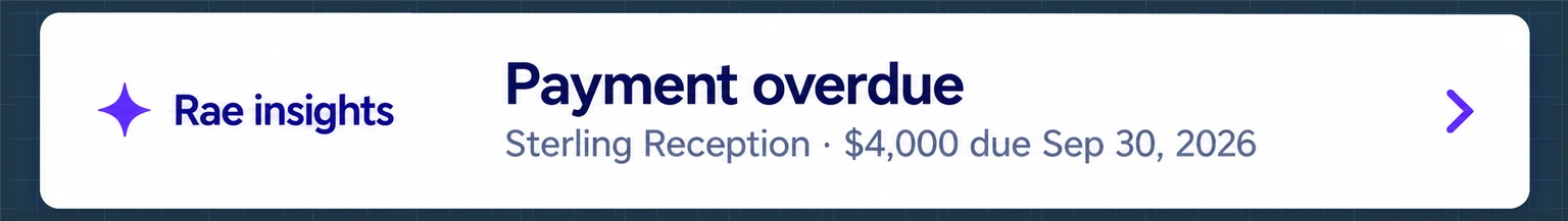 Rae highlights an overdue client payment and its due date.