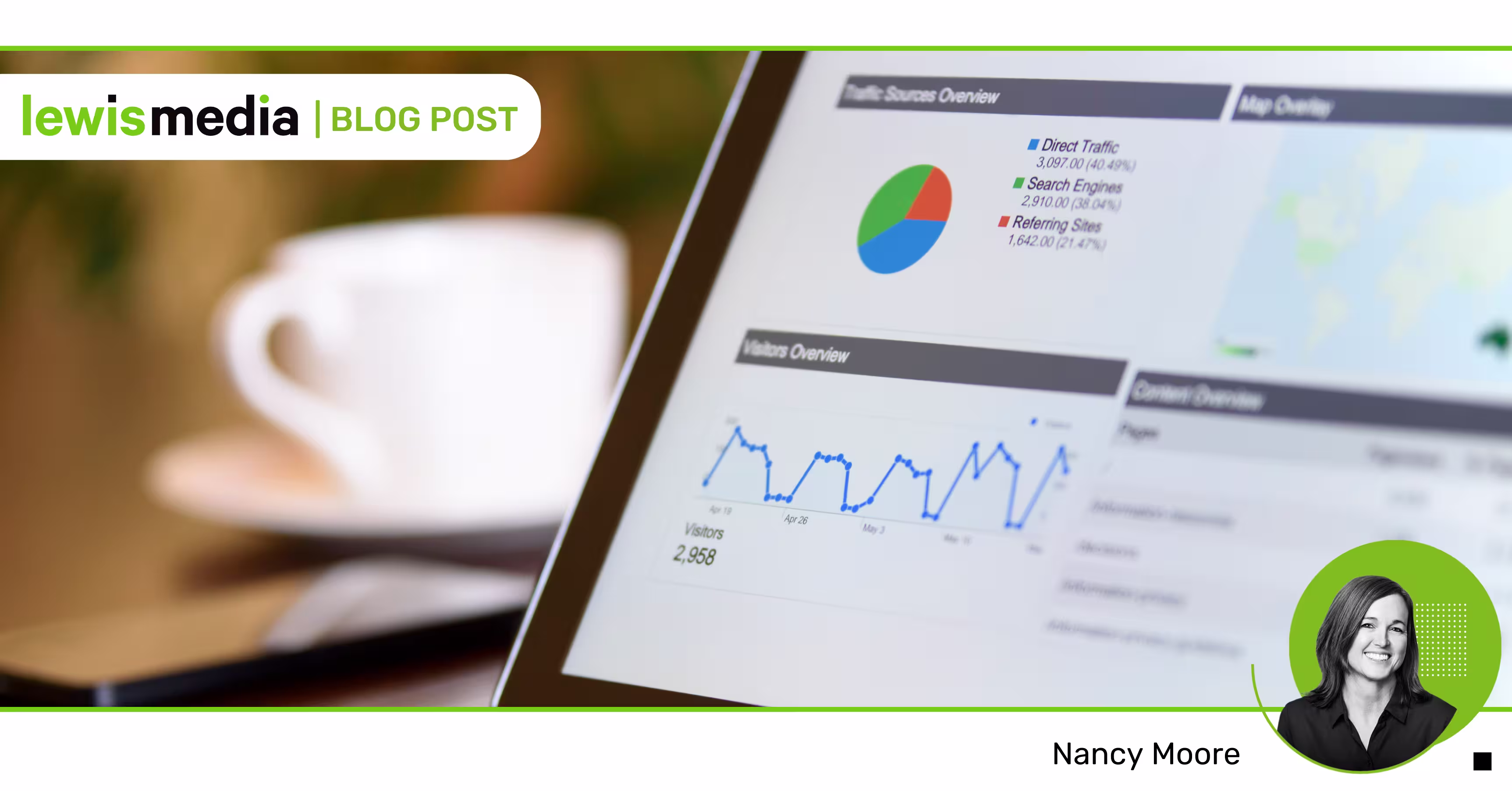 Website analytics dashboard with charts and performance data on a laptop screen