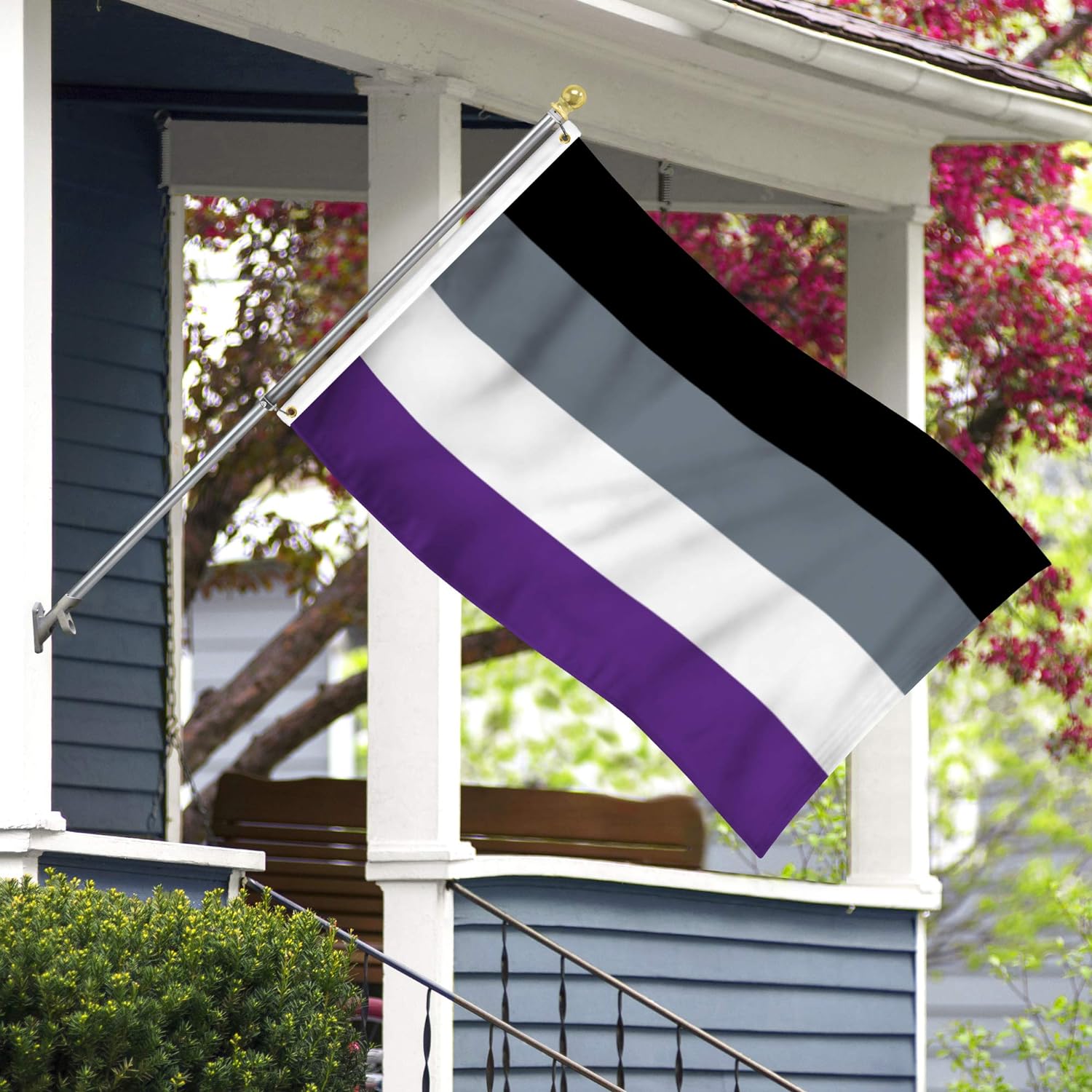 asexuality pride flag flying in front of a blue house