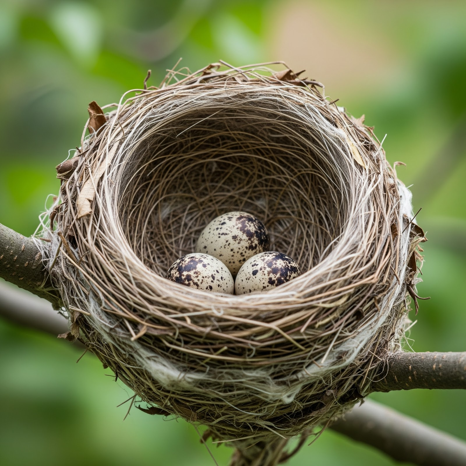 a photo of a round birds nest with three speckled eggs inside