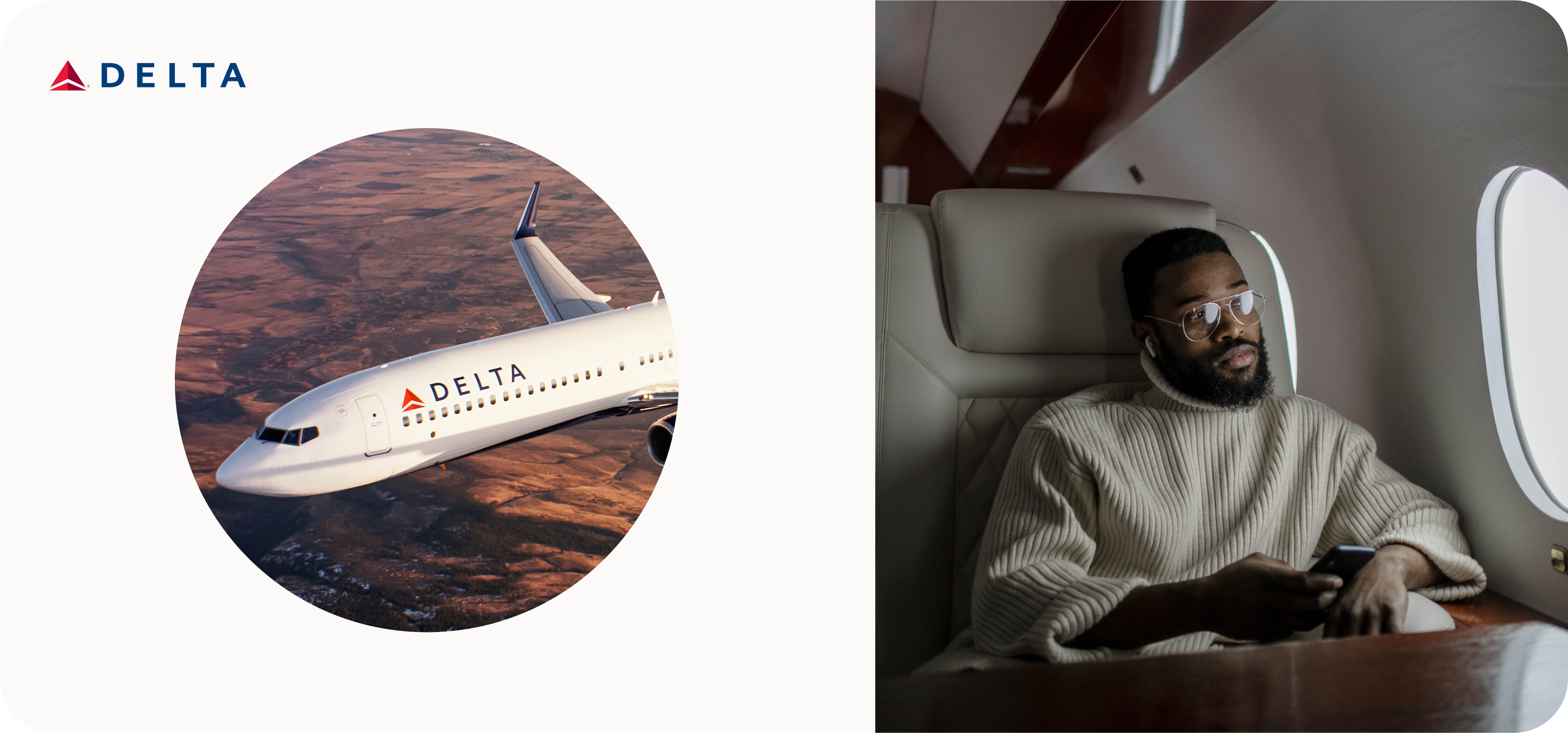 Delta Air Lines logo and plane with a passenger sitting on a plane