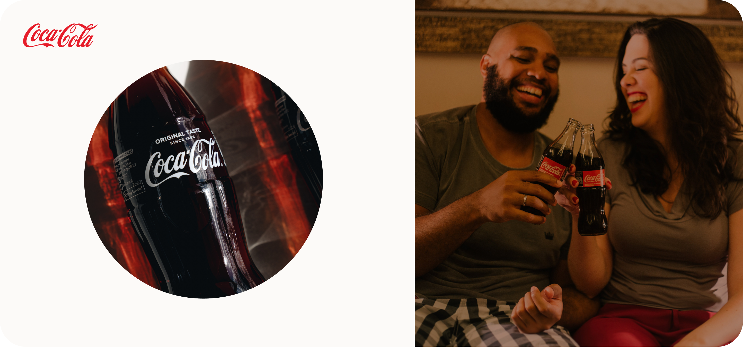 Coca-cola logo and bottle, and people drinking Coke.