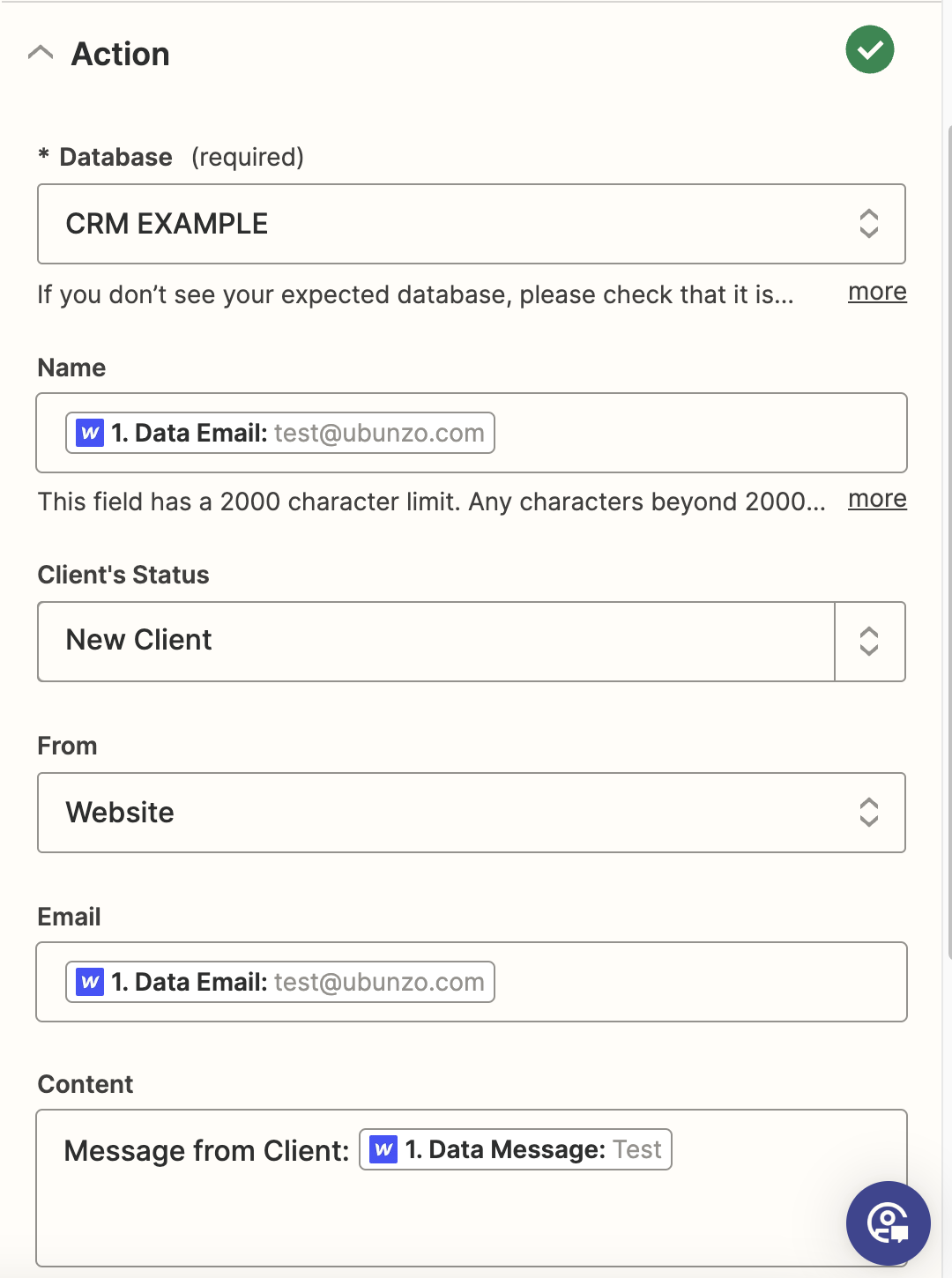 Set action parameters and map them to the right data-fields