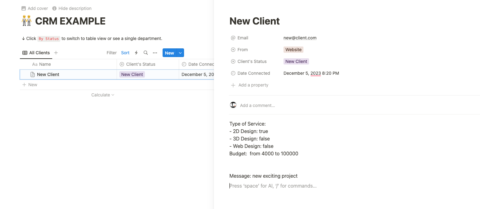 The data from the Form Submission is saved inside a new Client file