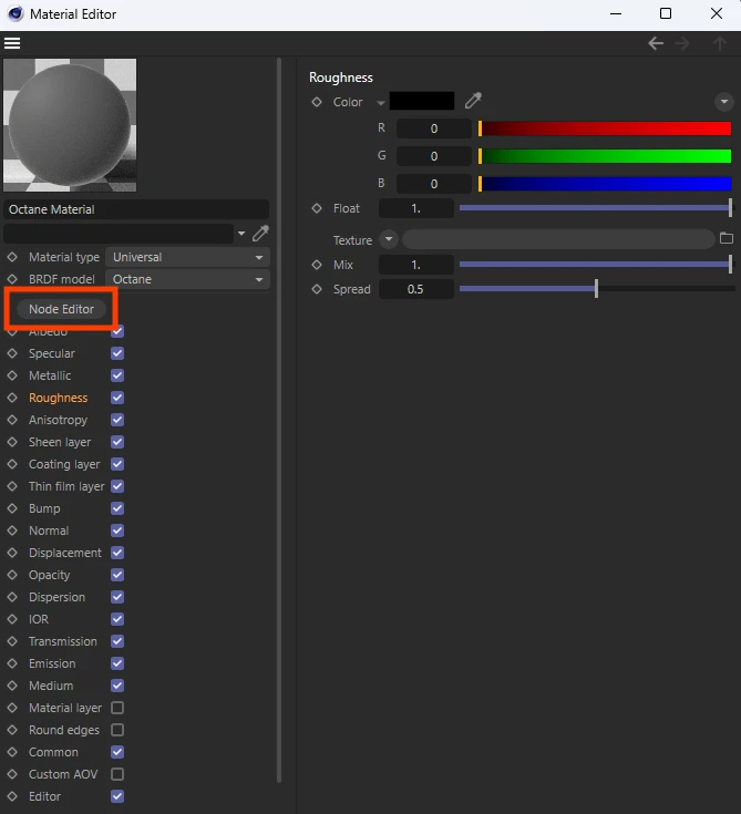 Accessing the Right Material: First, locate the Octane Material applied to the grey cube. Double-click on this material to open the Material Editor and then to the Node Editor.