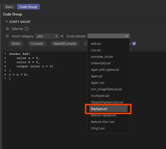 Choosing the Right Script Preset: In the Script Preset dropdown menu, select "Raytype.osl"