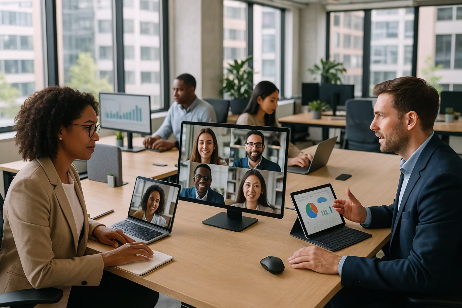 Diverse team using unified communications in modern office