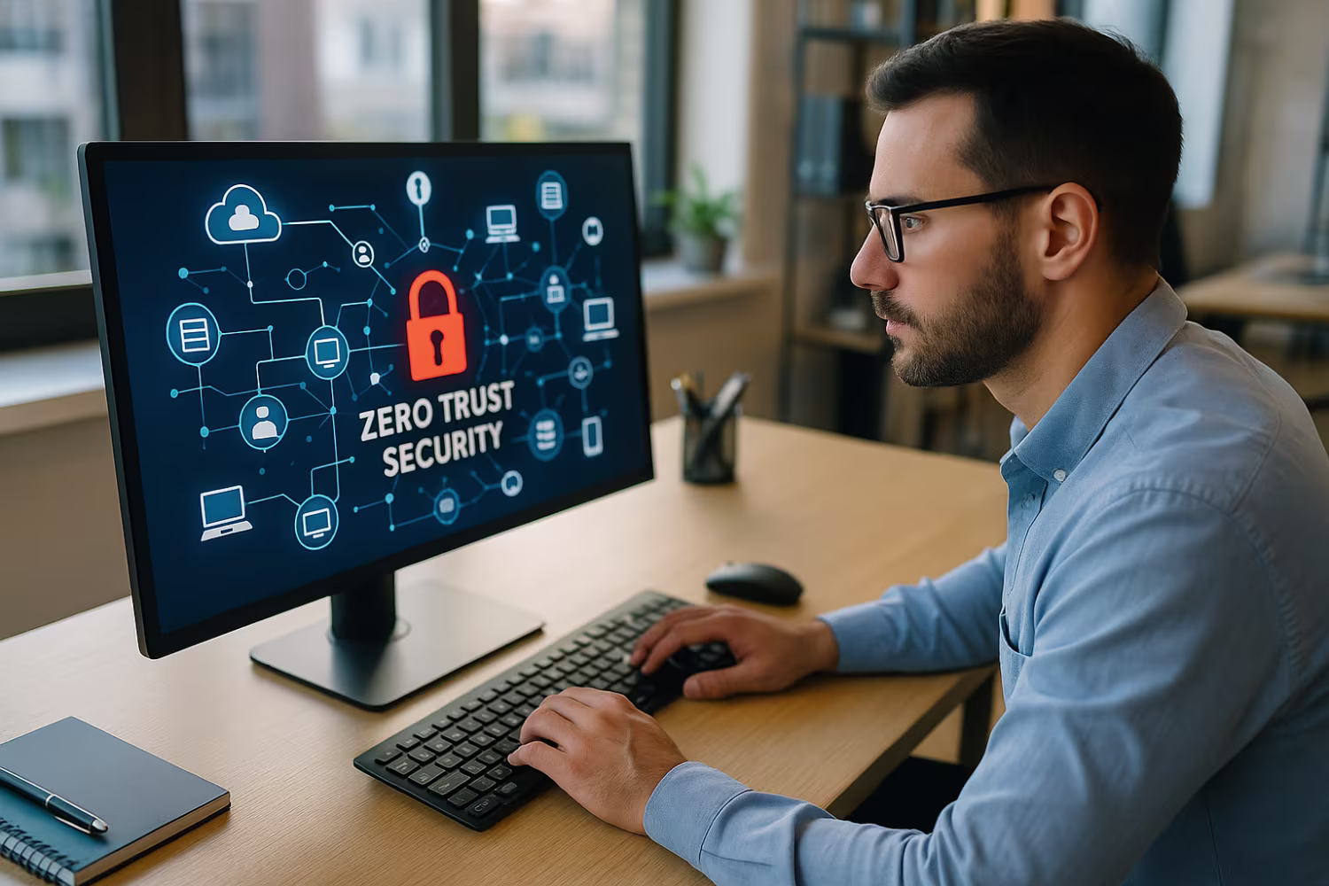 Cybersecurity analyst monitoring zero trust network