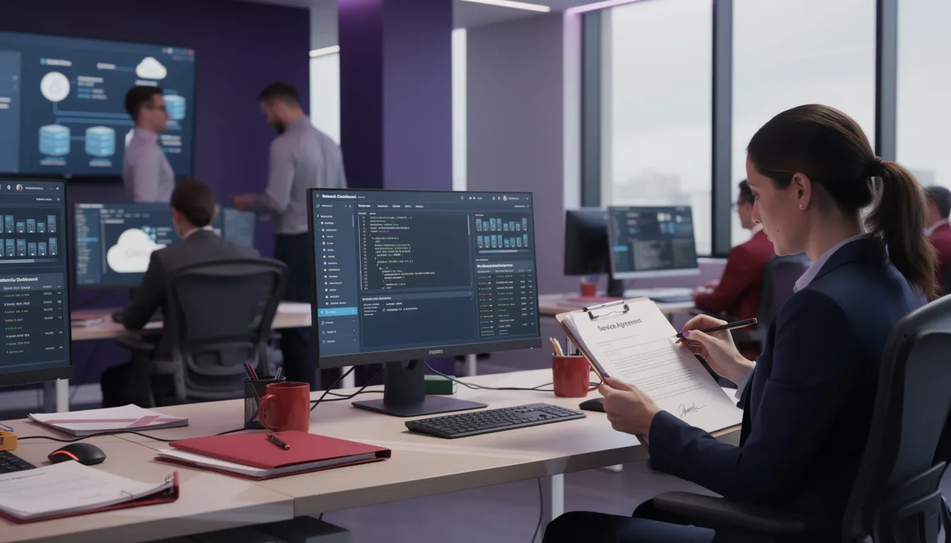 A woman sits at a desk, signing an IT support contract.
