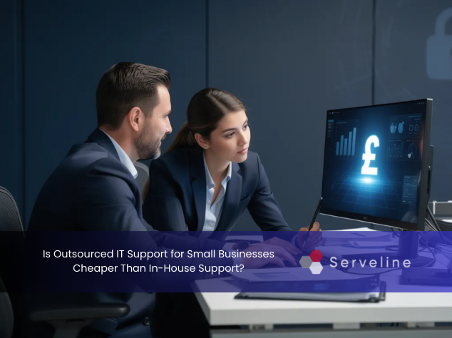 Business professionals comparing outsourced IT support costs versus in-house IT support for small businesses.