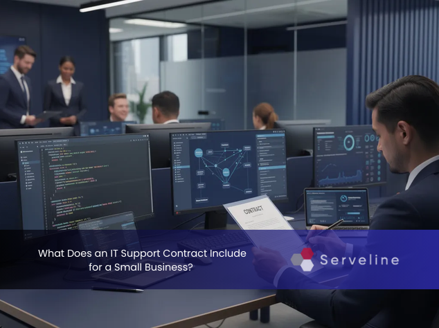 A man sits in an office, signing an IT support contract