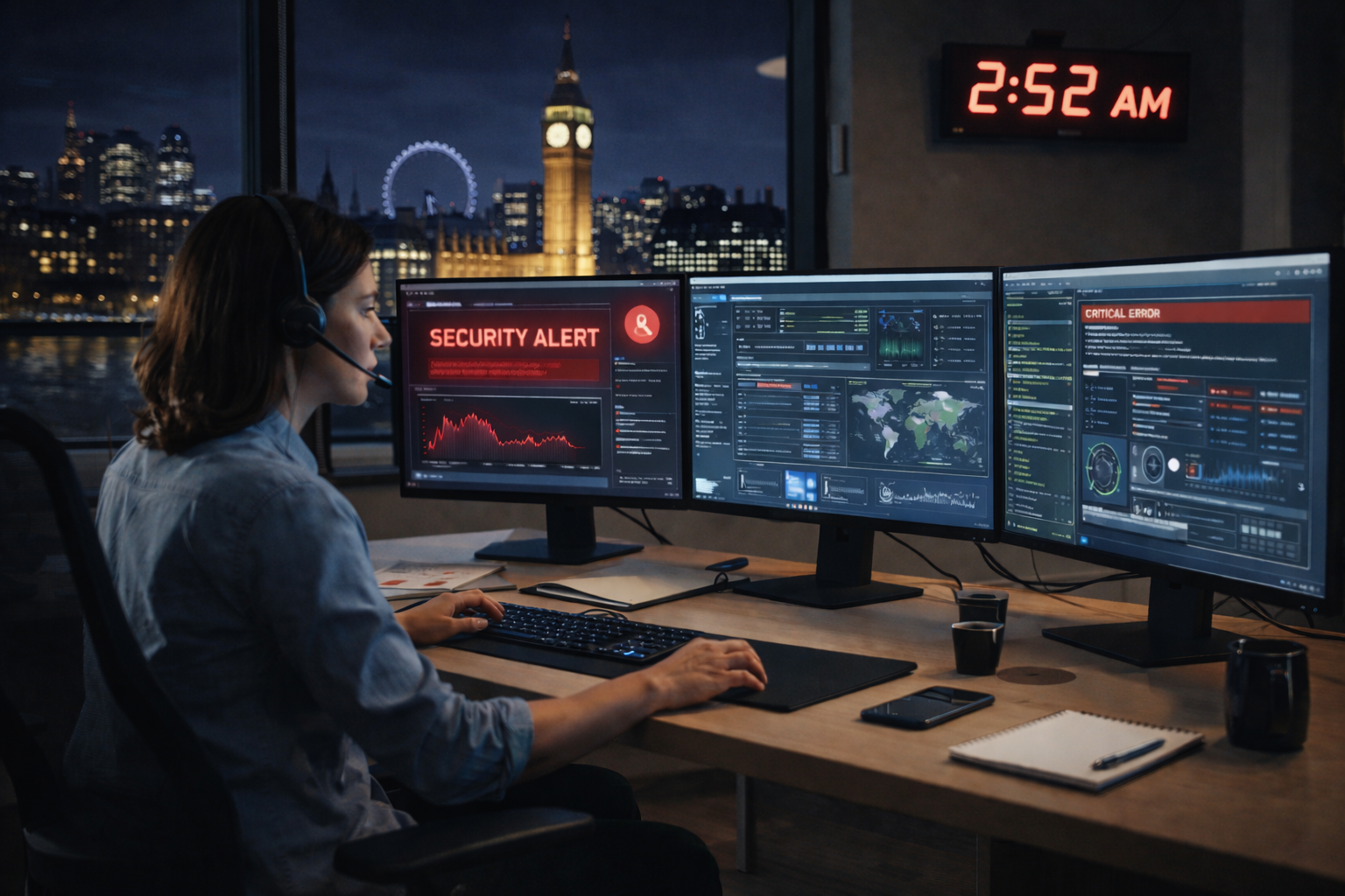 Woman monitoring cybersecurity systems overnight at desk, London skyline outside window, multiple screens glowing at 2:52am.