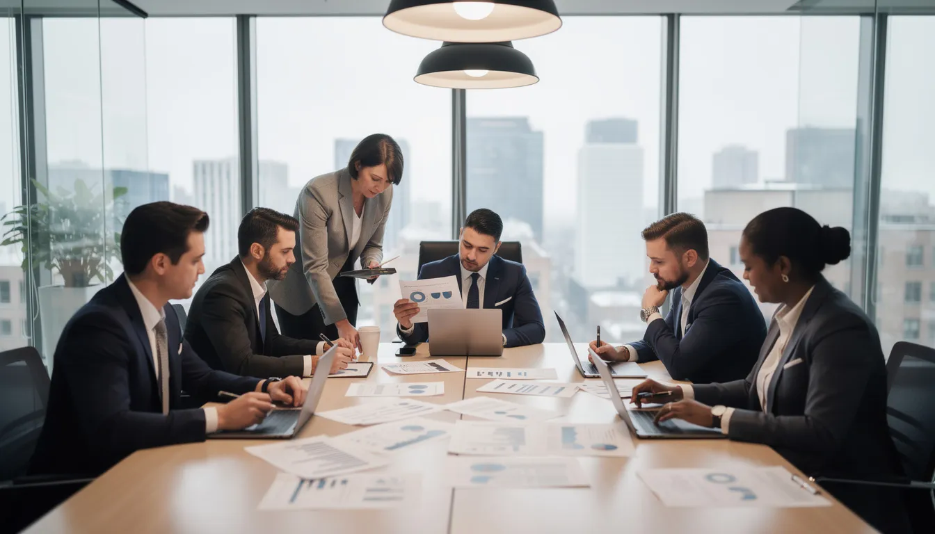 A diverse group of professionals is gathered around a conference table, reviewing documents and discussing strategies related to business goals and cyber security. The atmosphere is focused and collaborative, highlighting the importance of effective cyber security advice and proactive monitoring to protect against cyber threats for small businesses.
