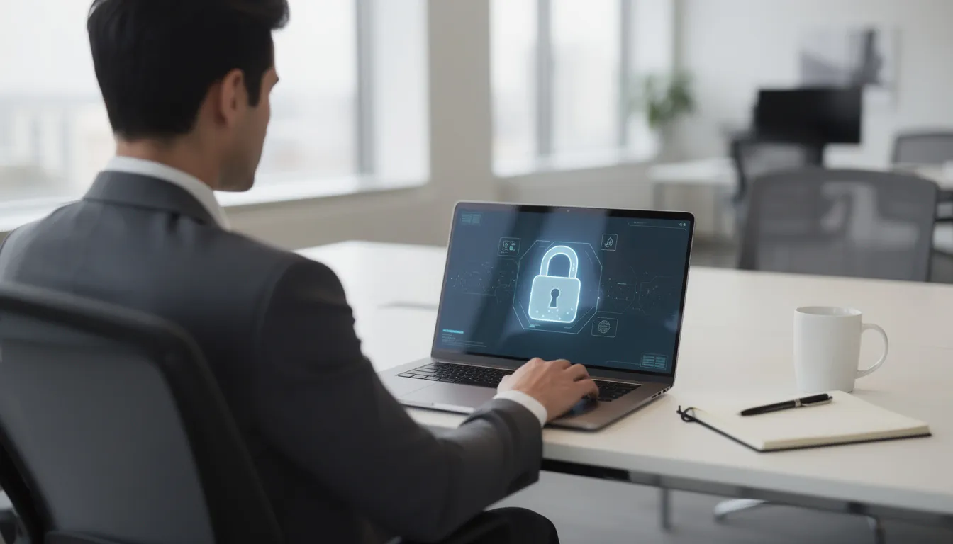 An office worker is focused on a laptop screen displaying a security lock icon, symbolizing the importance of cyber security in protecting personal accounts and data. This image highlights the need for effective cyber security advice and awareness of cyber security risks in today's digital business environment.