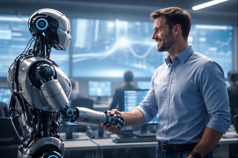 Human IT professional shaking hands with a robot in a high-tech control room, representing collaboration between AI and IT support