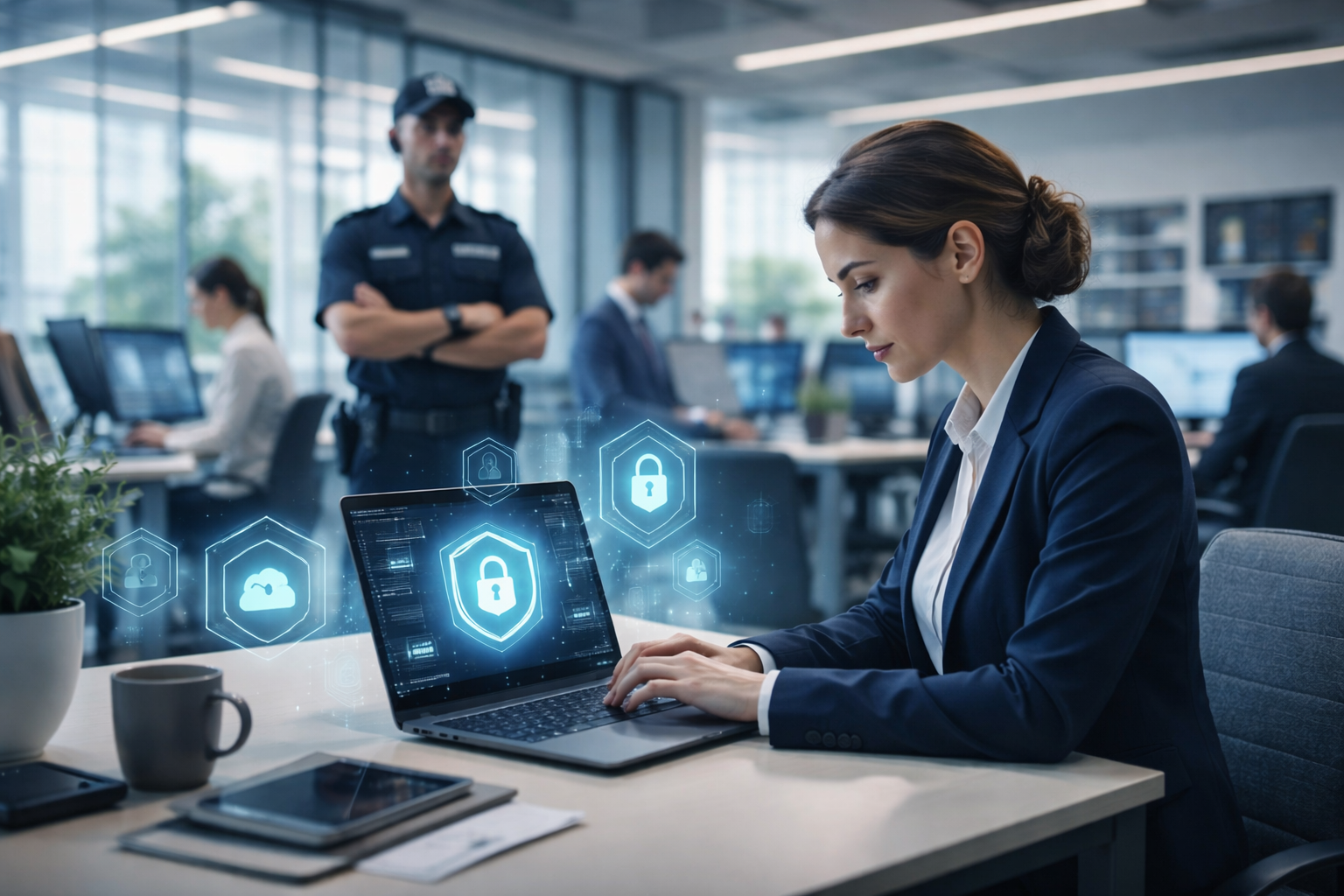 A business professional using a laptop in a modern office with digital security icons visible on screen.