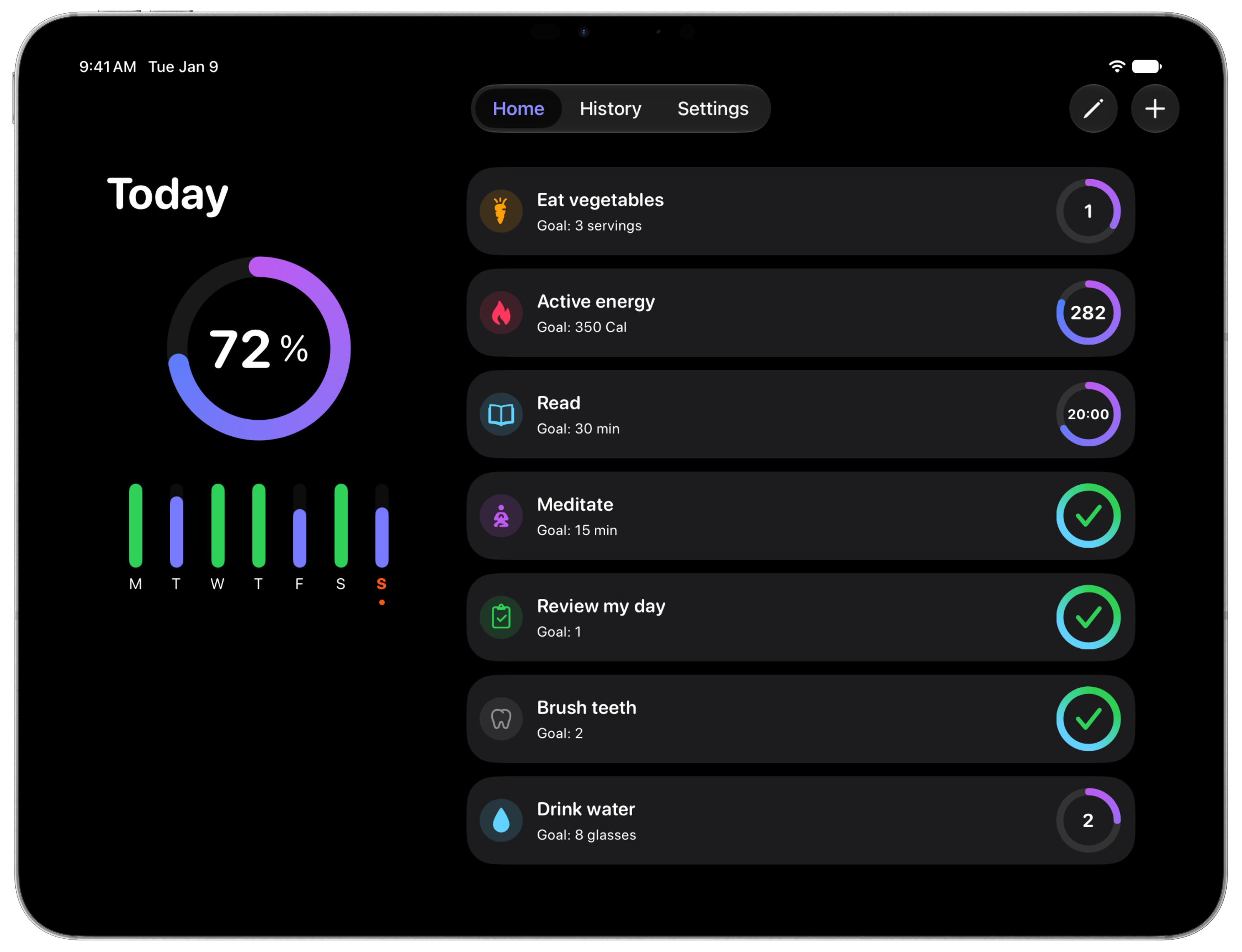 Awesome Habits on iPad: Home, dark mode