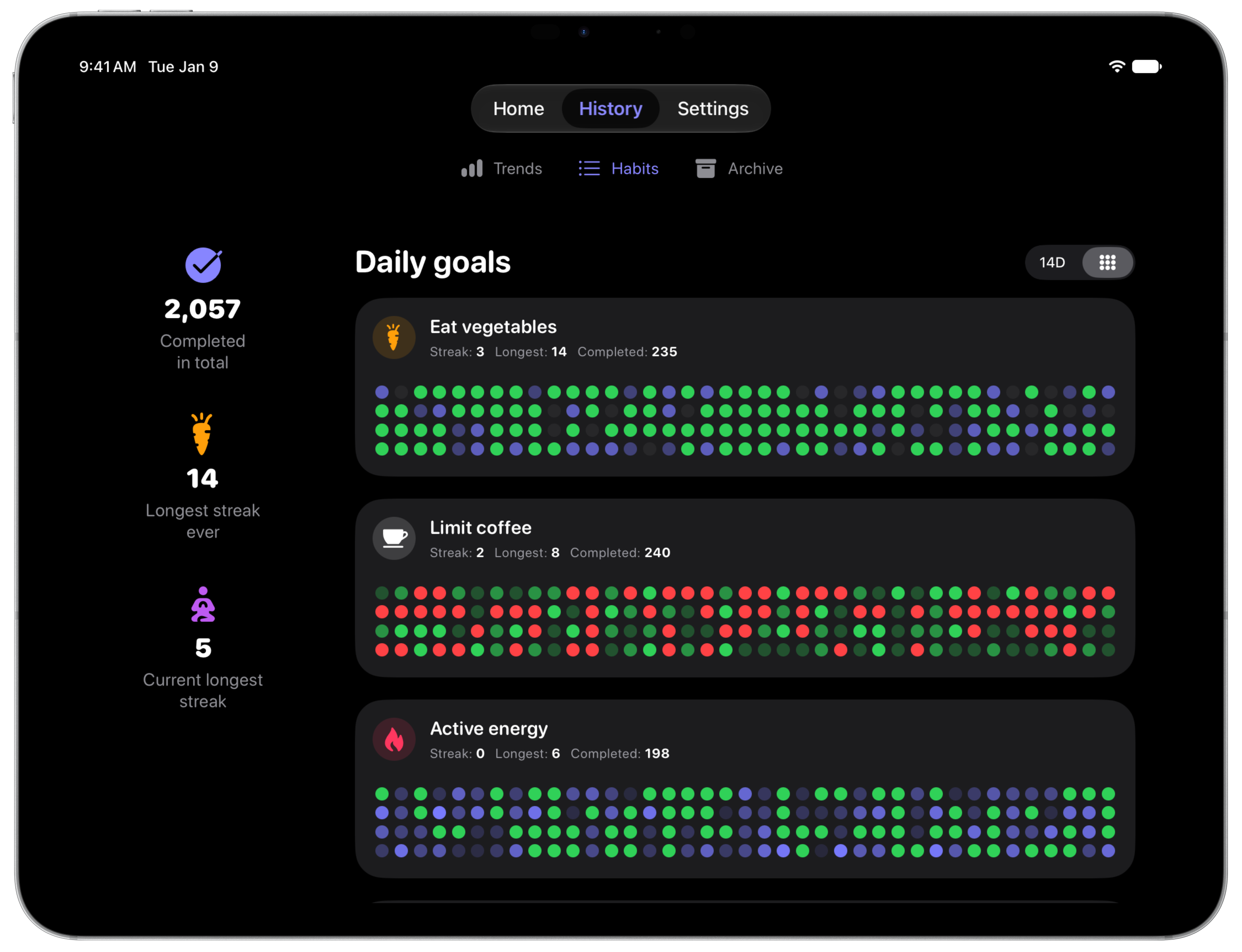 Awesome Habits on iPad: History grid, dark mode