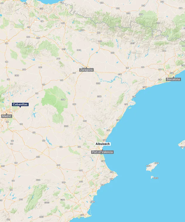 Map of eastern Spain and surrounding areas showing cities Madrid, Zaragoza, Barcelona, Albuixech, and Port of Valencia.