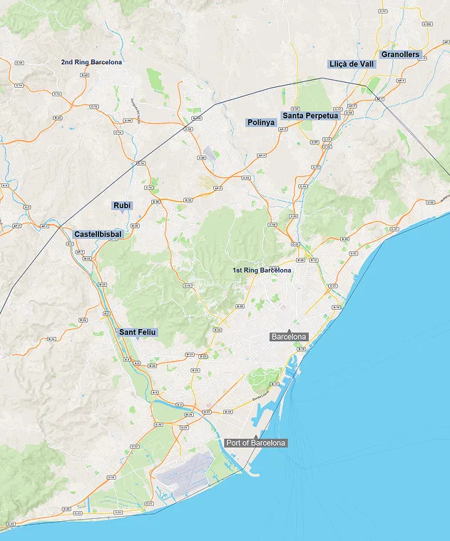 Map showing Barcelona, nearby towns, roads, 1st and 2nd rings, and Port of Barcelona on the coast.
