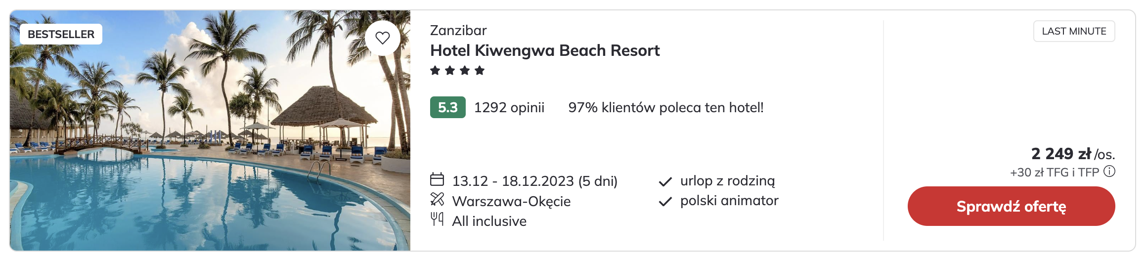 Hotel Kiwengwa Beach Resort, Zanzibar, 2249 PLN/os