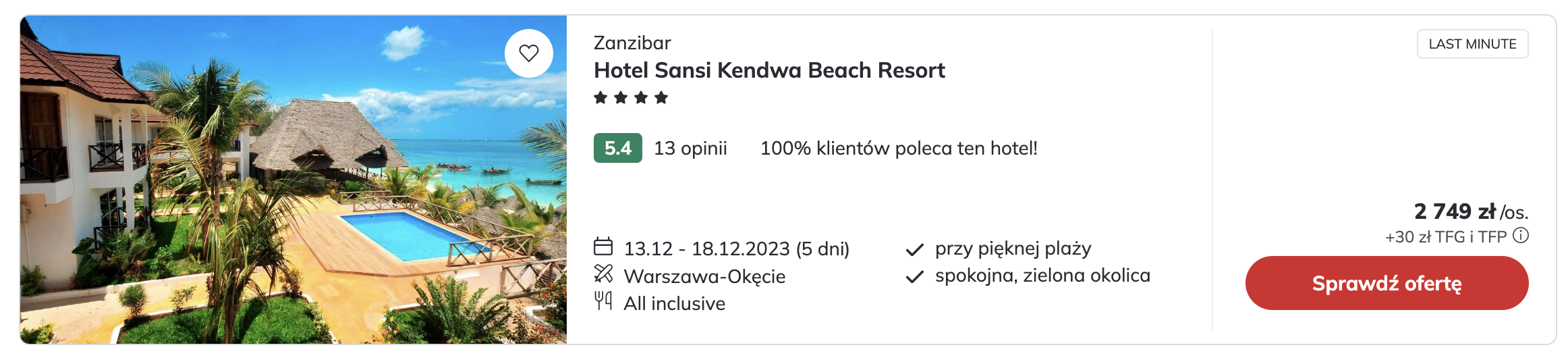 Hotel Sansi Kendwa Beach Resort, Zanzibar, 2749 PLN/os
