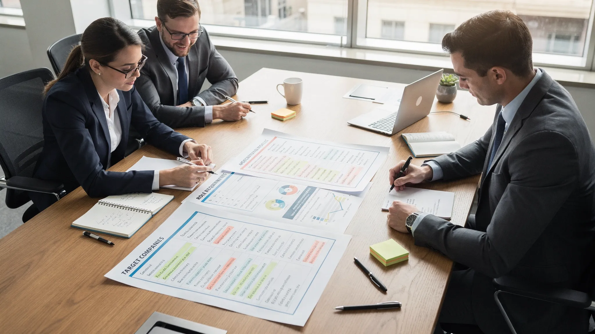 A recruiter and a hiring manager reviewing a talent map on paper, with notes on target companies, role requirements, and candidate profiles laid out on a desk in a meeting room.