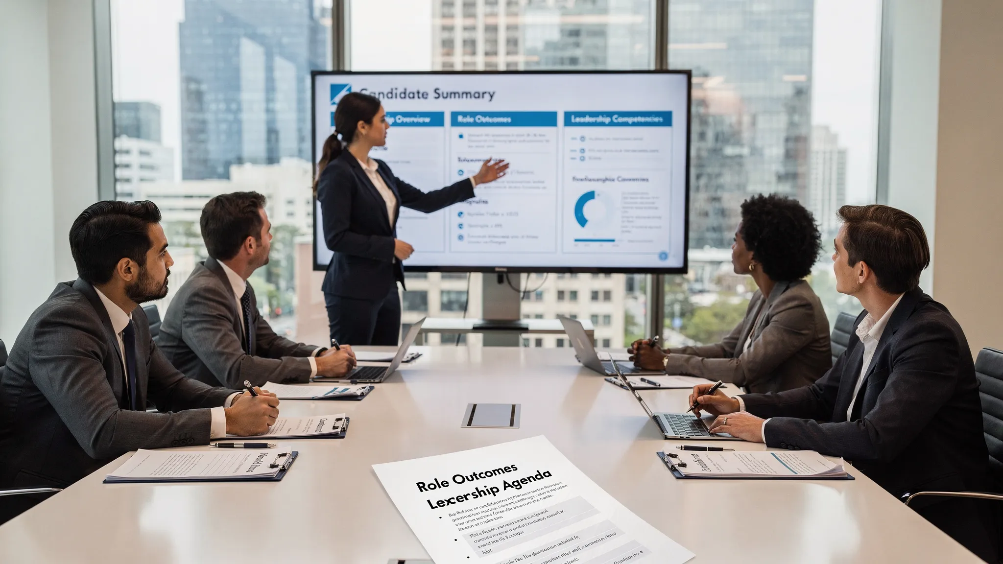 A recruiter presenting a structured candidate profile summary to a hiring panel in a conference room, with printed notes and a clear agenda focused on role outcomes and leadership competencies.
