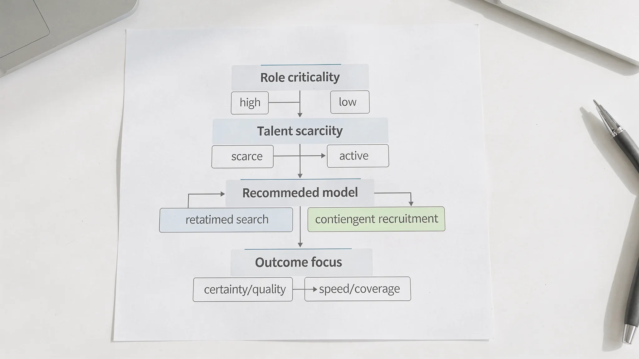 A simple decision flow diagram showing four boxes connected by arrows: Role criticality (high or low), Talent scarcity (scarce or active), Recommended model (retained search or contingent recruitment), and Outcome focus (certainty/quality or speed/coverage).
