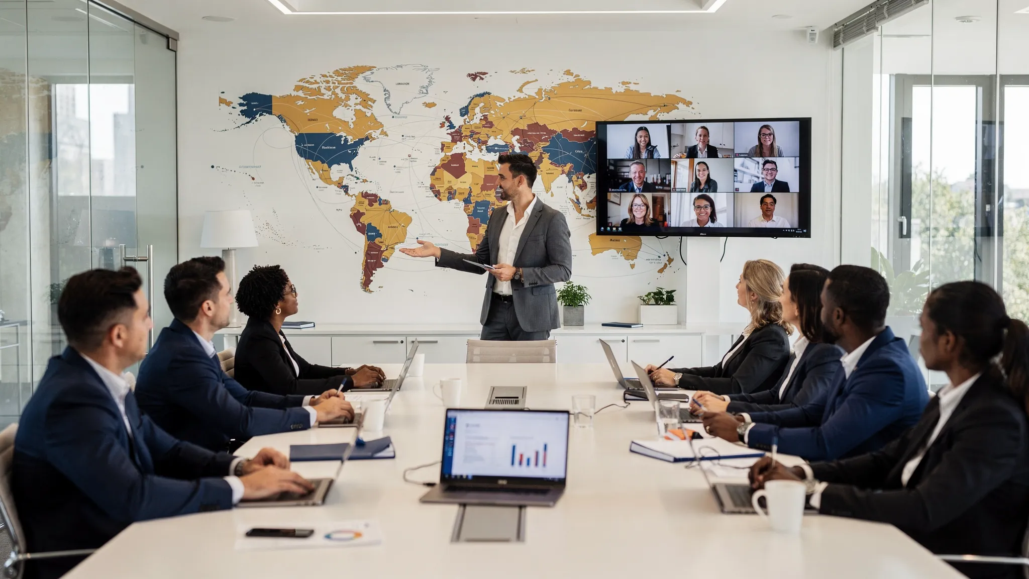 A modern global mobility technology office setting with a customer experience leader facilitating a meeting, with a wall map showing multiple countries, and remote team members joining via video call on a large screen facing the group.
