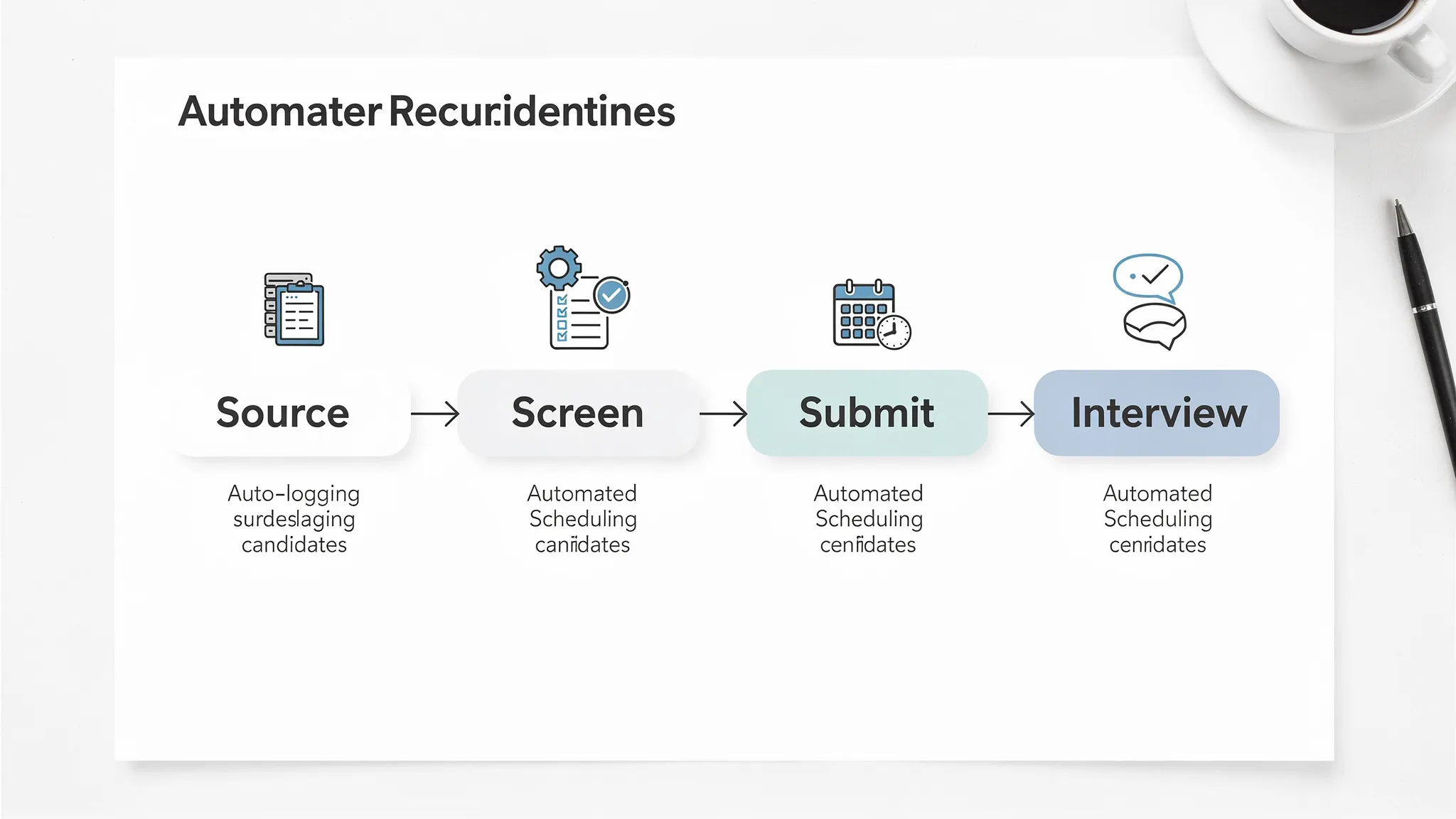A simple diagram showing an automated recruitment workflow with four labelled steps: Source, Screen, Submit, Interview, with small automation icons indicating auto-logging, scheduling, and feedback collection.