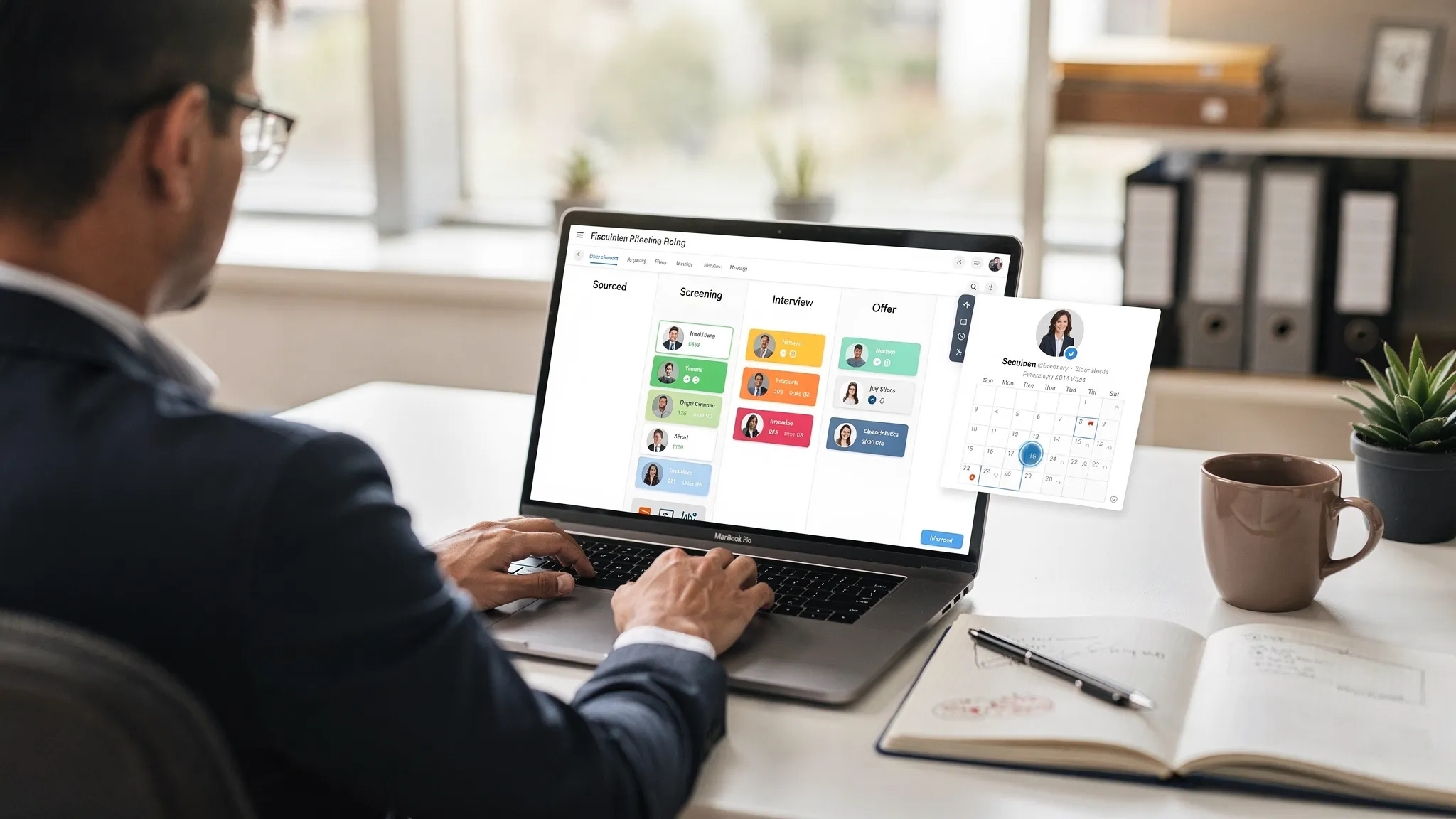 A recruiter working at a desk with a laptop and notebook, with a clean recruitment pipeline interface visible on the laptop screen (screen facing the viewer), calendar and candidate profile panels, and a tidy office background suggesting streamlined admin.