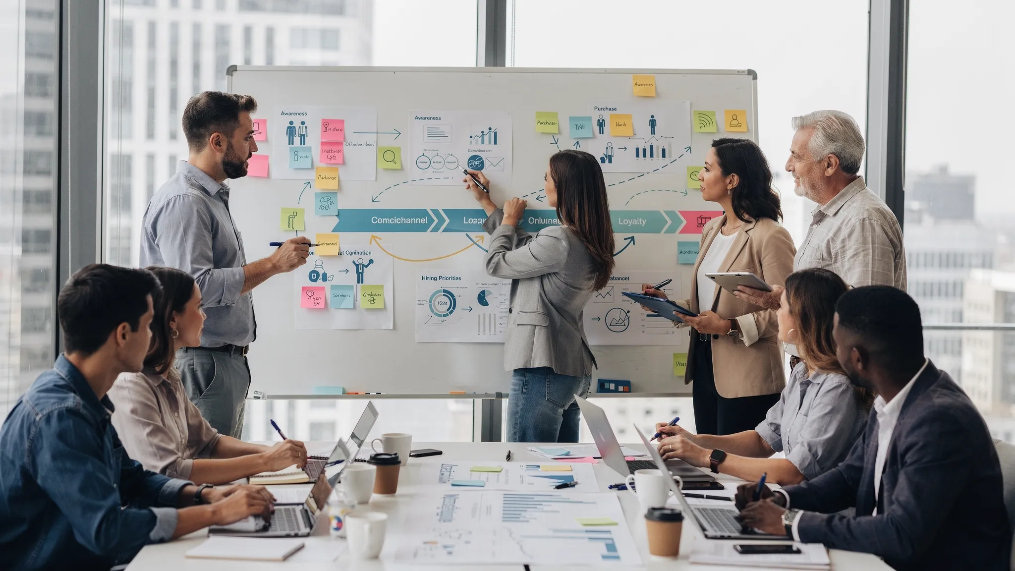 A group of retail and e-commerce leaders in a modern meeting room reviewing printed customer journey maps and sticky notes on a wall, discussing omnichannel strategy and hiring priorities.