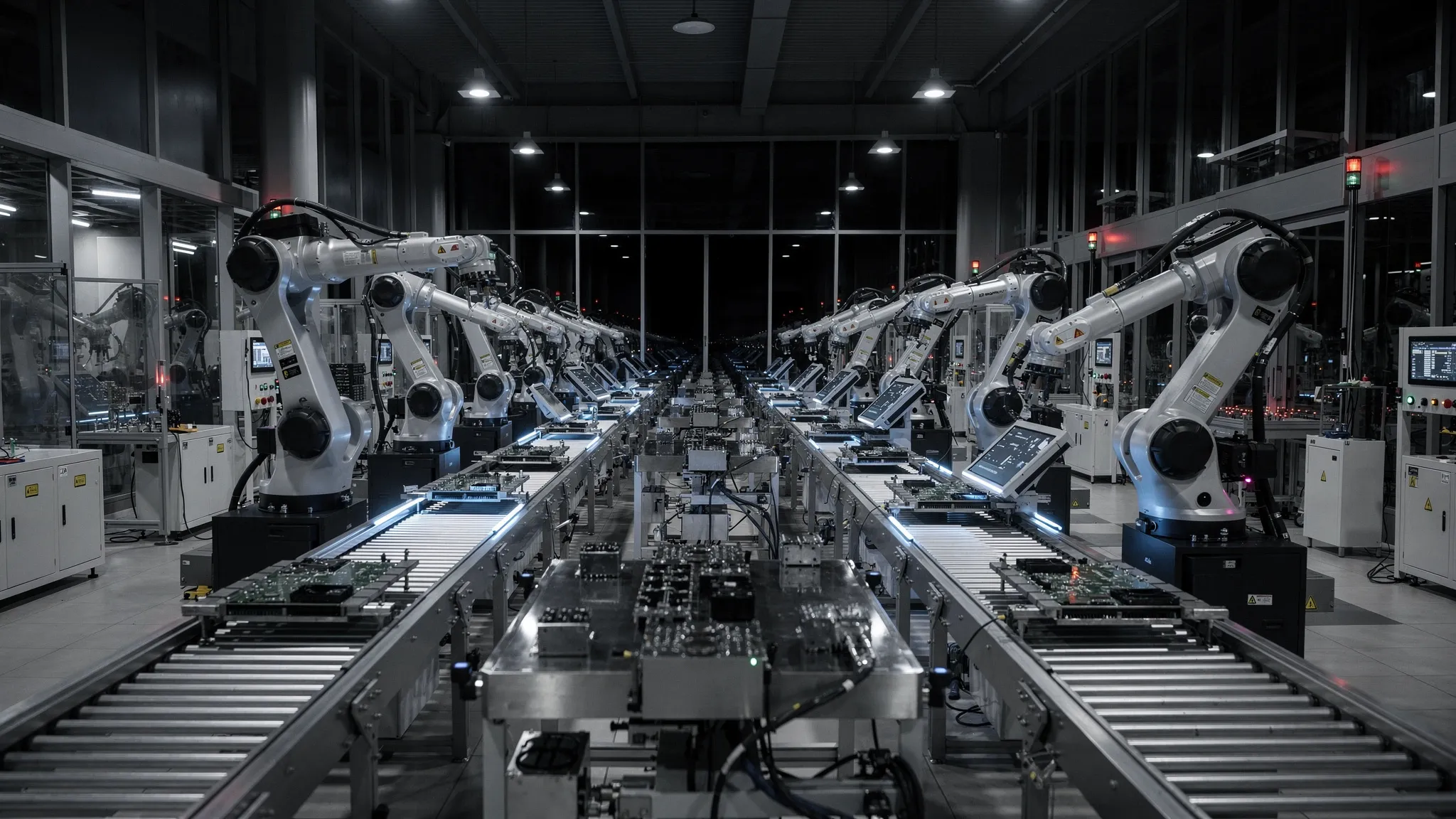 A modern automated manufacturing facility operating as a dark factory at night, with robotic arms working on an assembly line and minimal lighting, conveying 24/7 production with no human operators present.