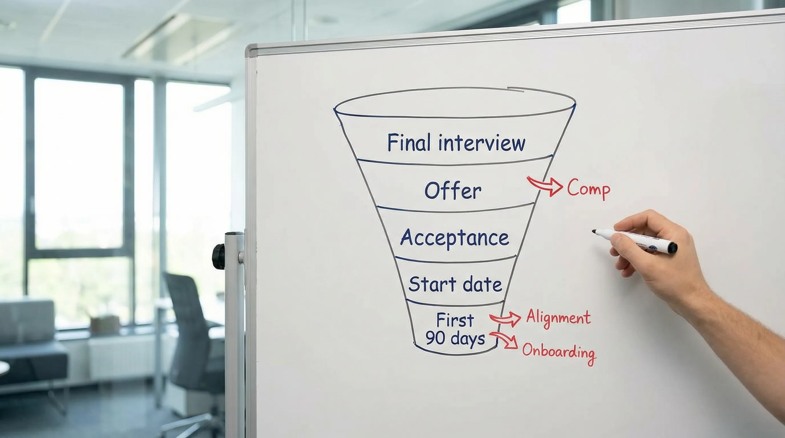 A simple funnel illustration showing stages Final interview, Offer, Acceptance, Start date, First 90 days, with red leak points at Offer and First 90 days and short labels like Comp, Alignment, Onboarding.