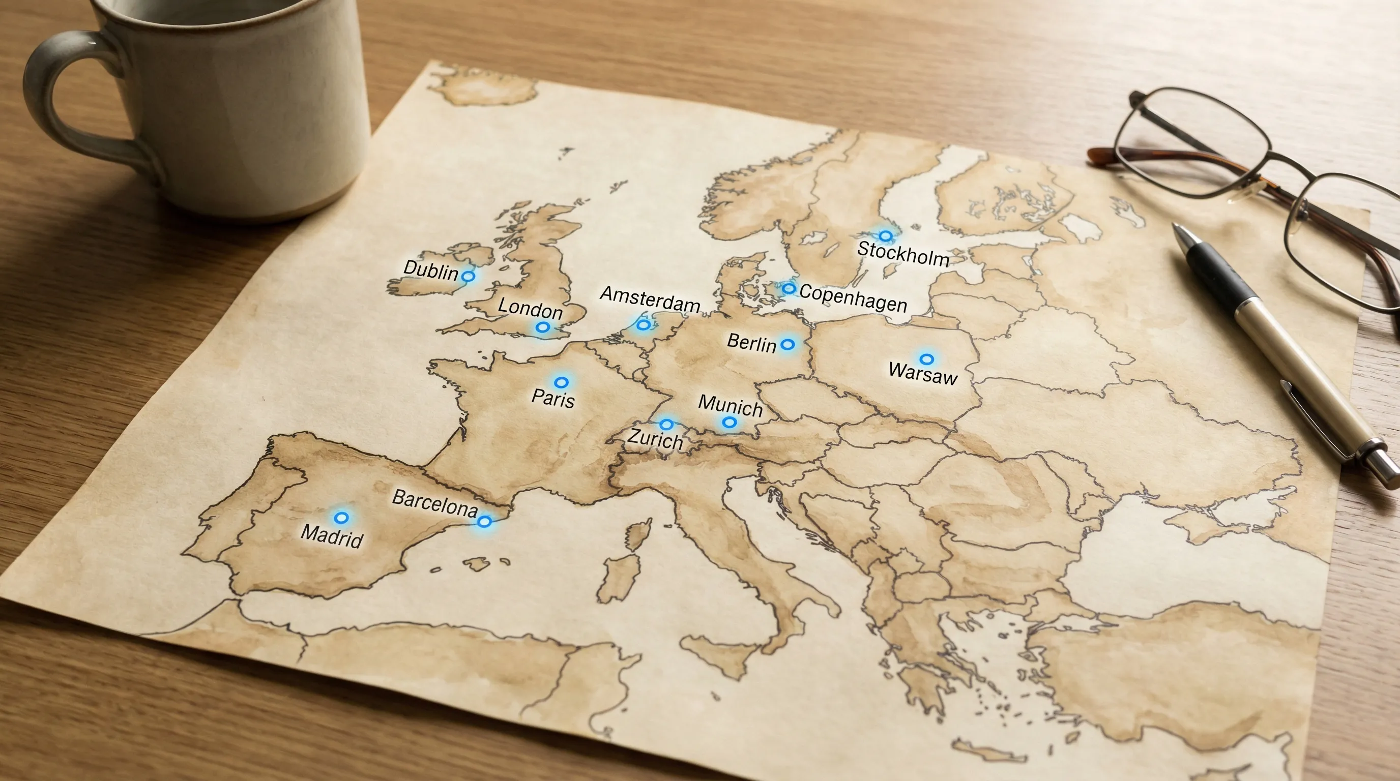 A simple illustrated map of Europe with highlighted tech hiring hubs such as London, Dublin, Amsterdam, Berlin, Munich, Paris, Barcelona, Madrid, Stockholm, Copenhagen, Warsaw, and Zurich. No text labels on the map, just subtle location markers.