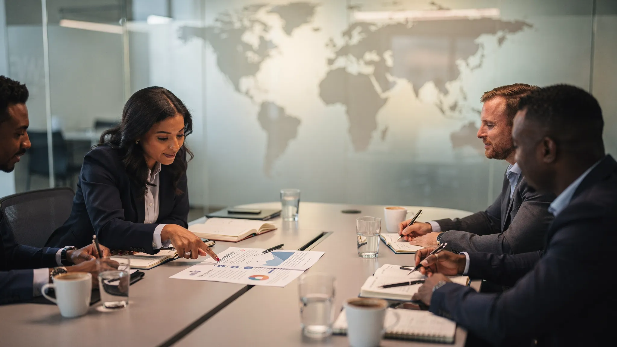 An executive search consultant and a hiring leadership team in a modern meeting room, reviewing a role success profile on paper. A subtle world map in the background suggests global hiring, with notebooks and coffee on the table.