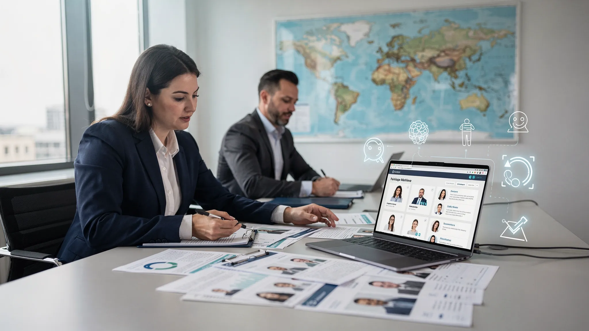 A global hiring scene with a recruiter and hiring manager reviewing candidate profiles on paper and a laptop, with a world map in the background and subtle AI icons representing automation and analytics.