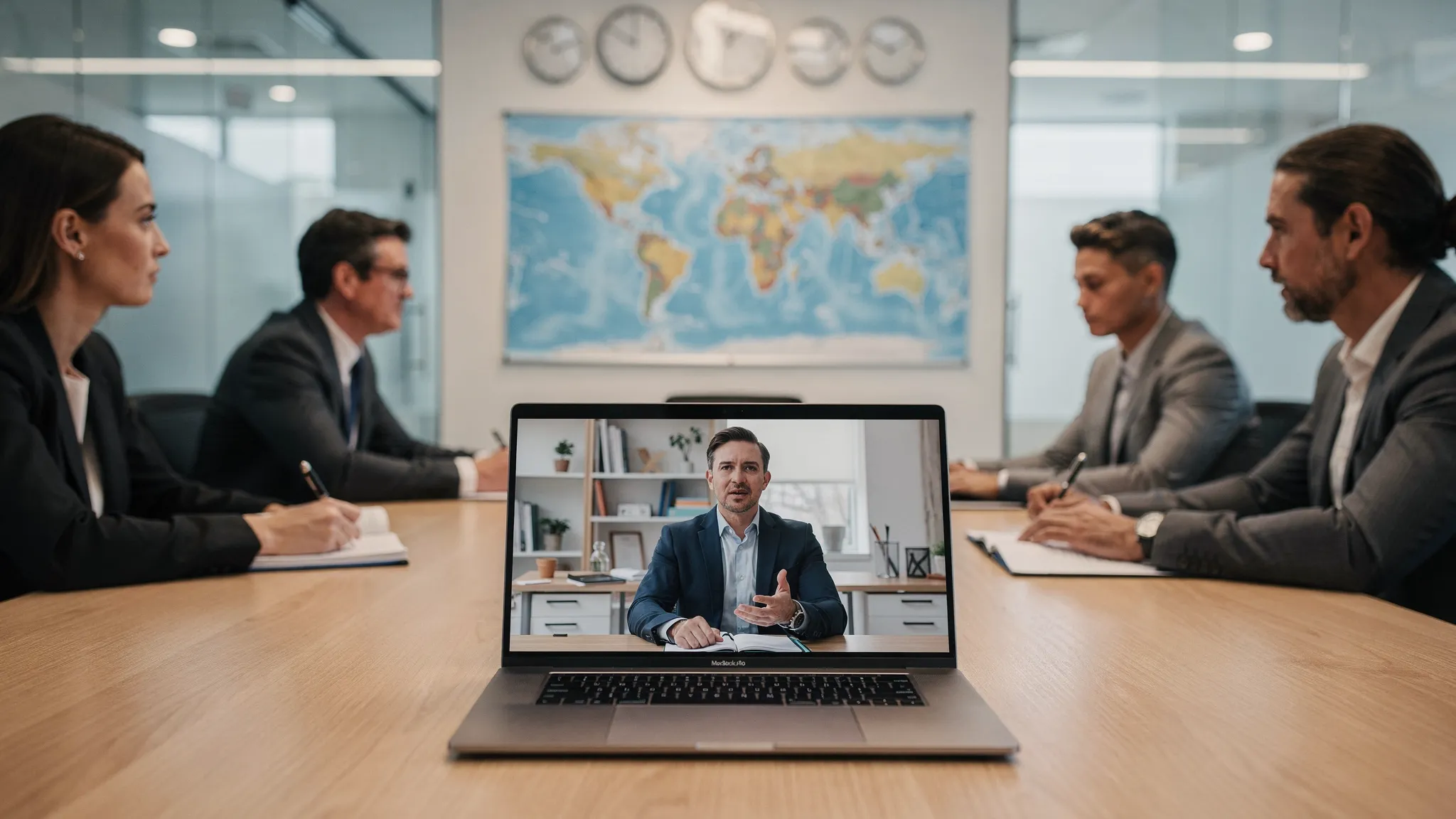 A hiring panel conducts a virtual interview across time zones, with a candidate on a laptop screen and interviewers taking notes in a bright meeting room. A world map and clock icons subtly suggest international hiring and global collaboration.