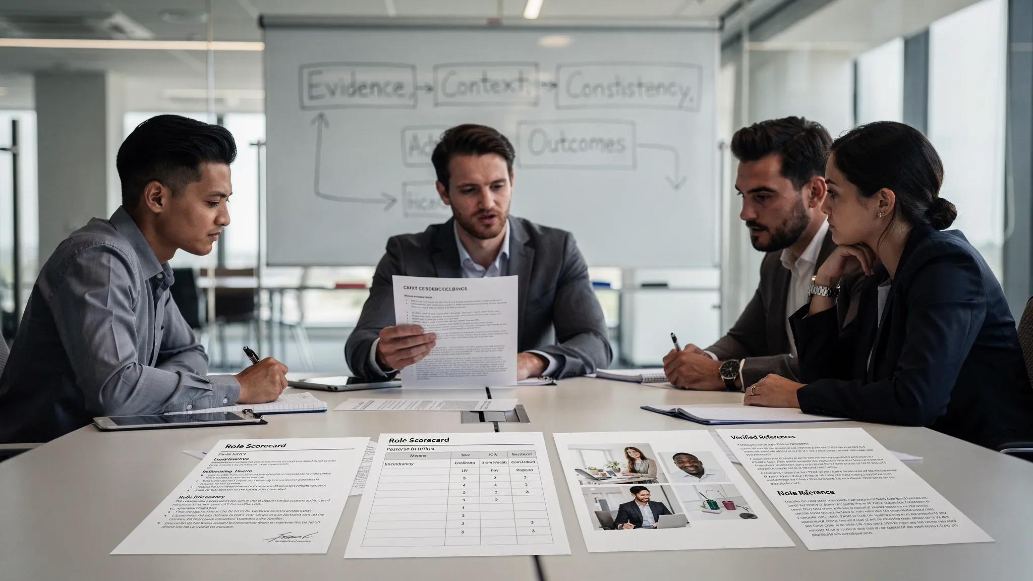 A hiring team in a meeting room reviewing printed candidate evidence: a CV, a role scorecard, a portfolio sample, and verified reference notes. A whiteboard in the background shows “Evidence, Context, Consistency, Outcomes”.