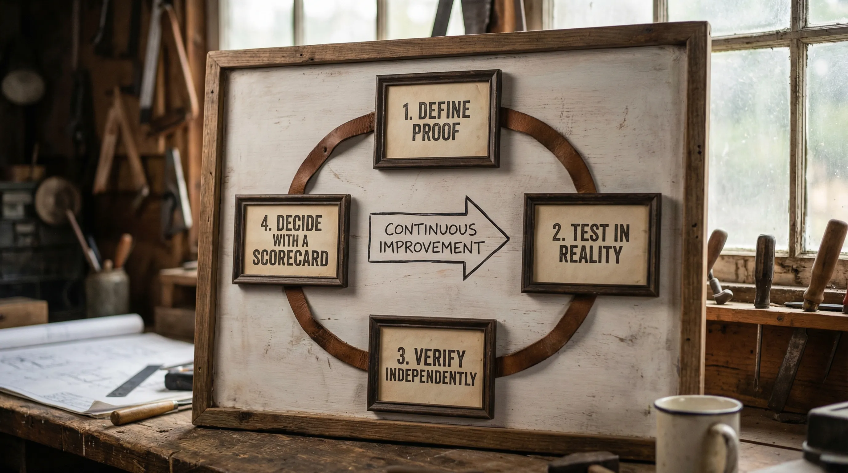A simple four-step diagram showing “Define proof”, “Test in reality”, “Verify independently”, and “Decide with a scorecard”, connected in a loop to represent continuous improvement.