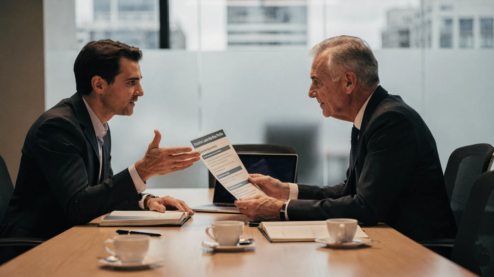A senior hiring manager and an executive recruiter in a meeting room reviewing a role profile document and discussing leadership requirements, with notebooks and coffee on the table.