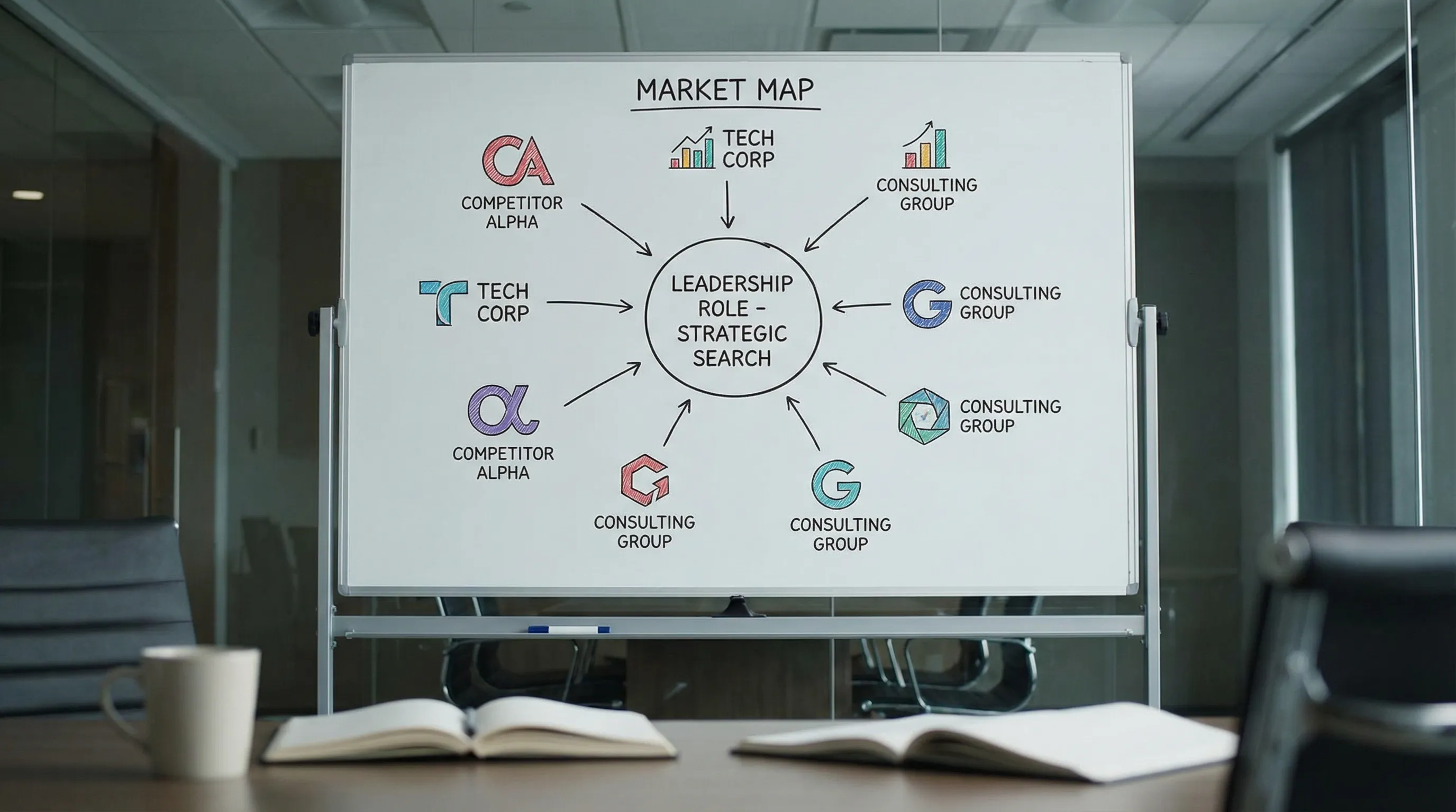 A simplified market mapping illustration showing several competitor companies and adjacent industries connected to a single leadership role, representing a structured search recruitment approach.