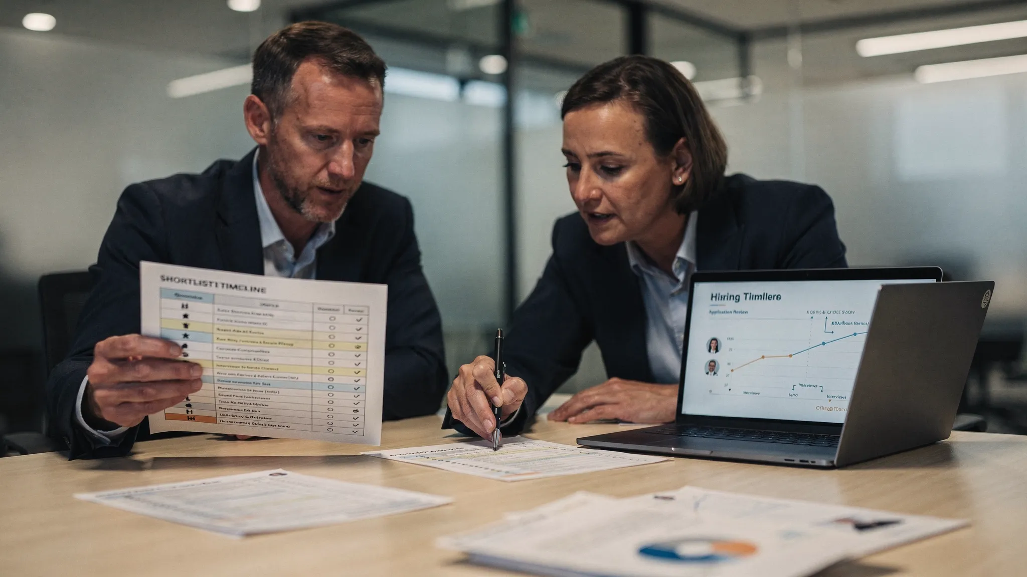 A hiring manager and HR lead in a meeting room reviewing a printed shortlist and candidate scorecards, with a laptop open showing a hiring timeline (screen facing the viewer, no sensitive text visible).