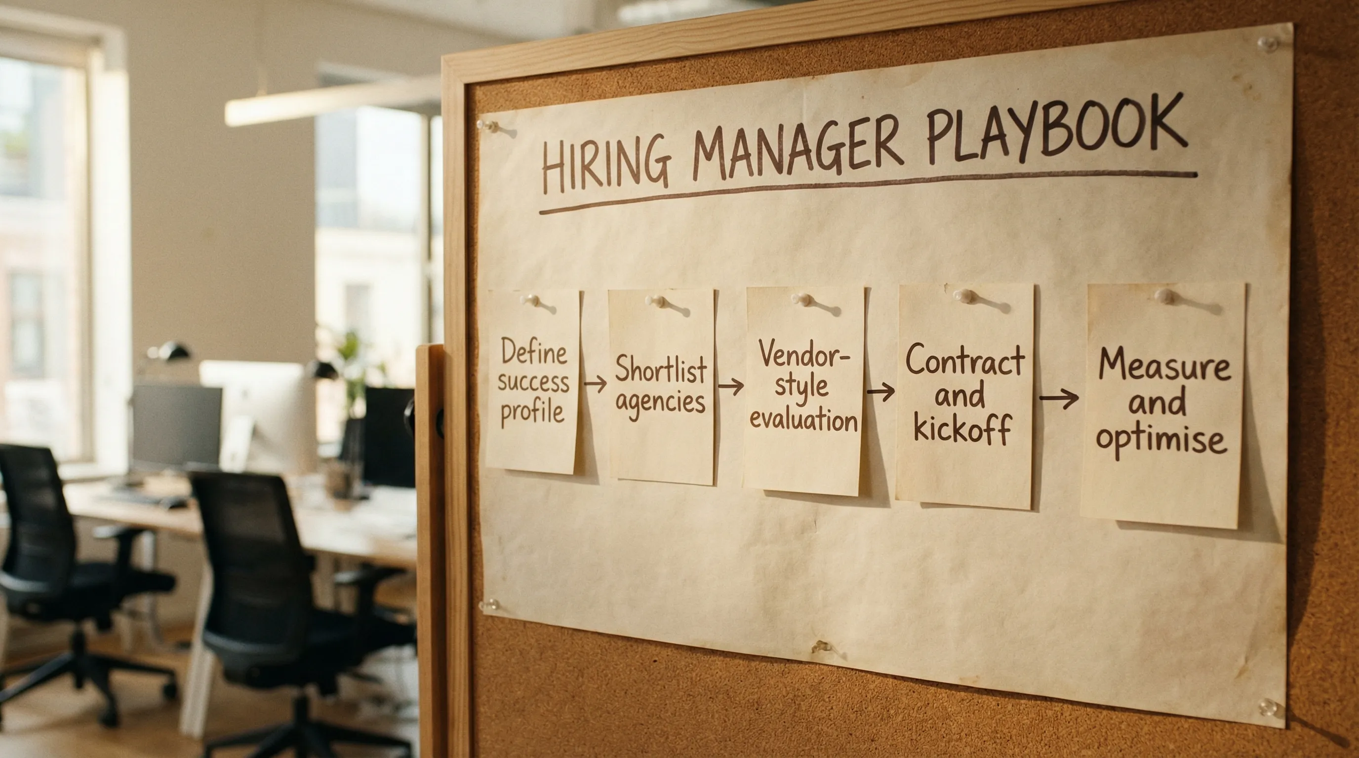 A simple flowchart showing a hiring manager playbook with five labelled steps: Define success profile, Shortlist agencies, Vendor-style evaluation, Contract and kickoff, Measure and optimise.