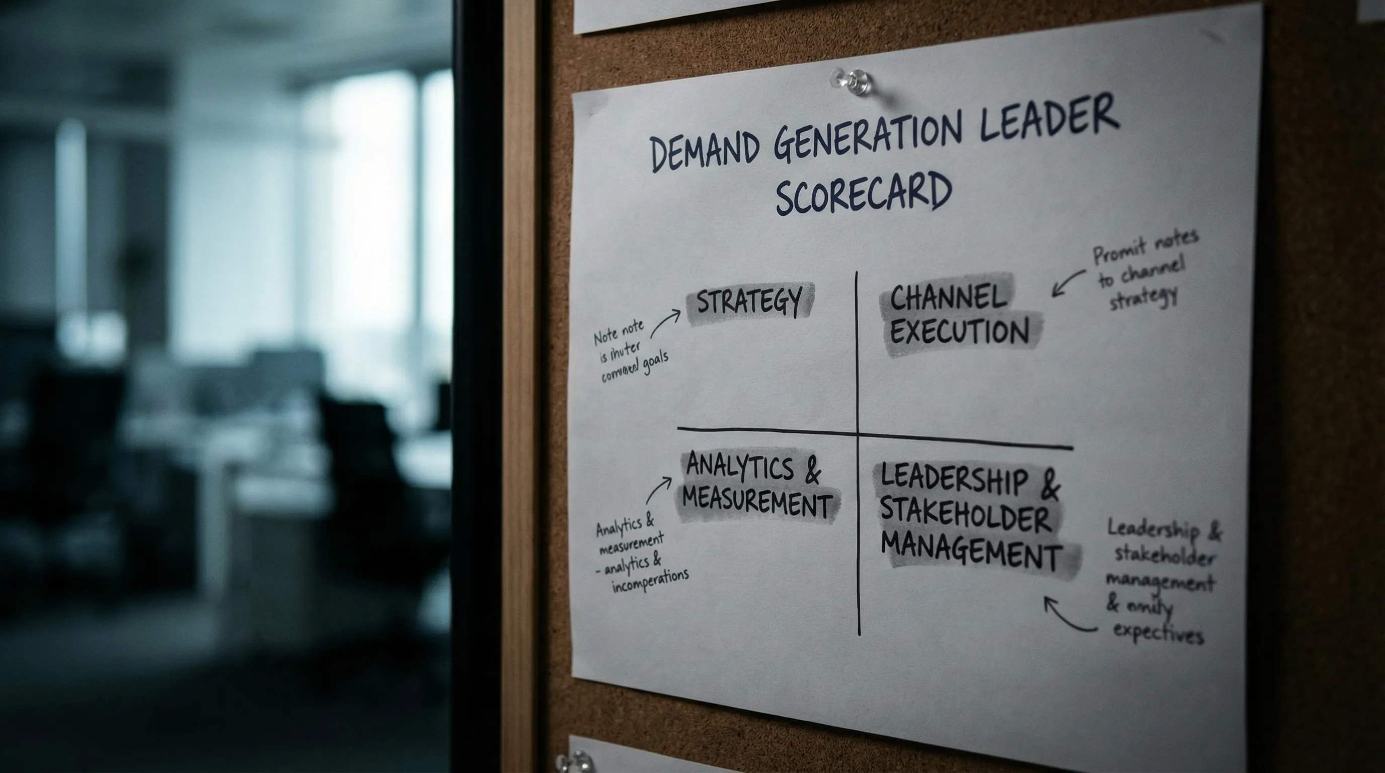 A simple hiring scorecard diagram for a Demand Generation leader showing four quadrants labelled Strategy, Channel Execution, Analytics & Measurement, and Leadership & Stakeholder Management.