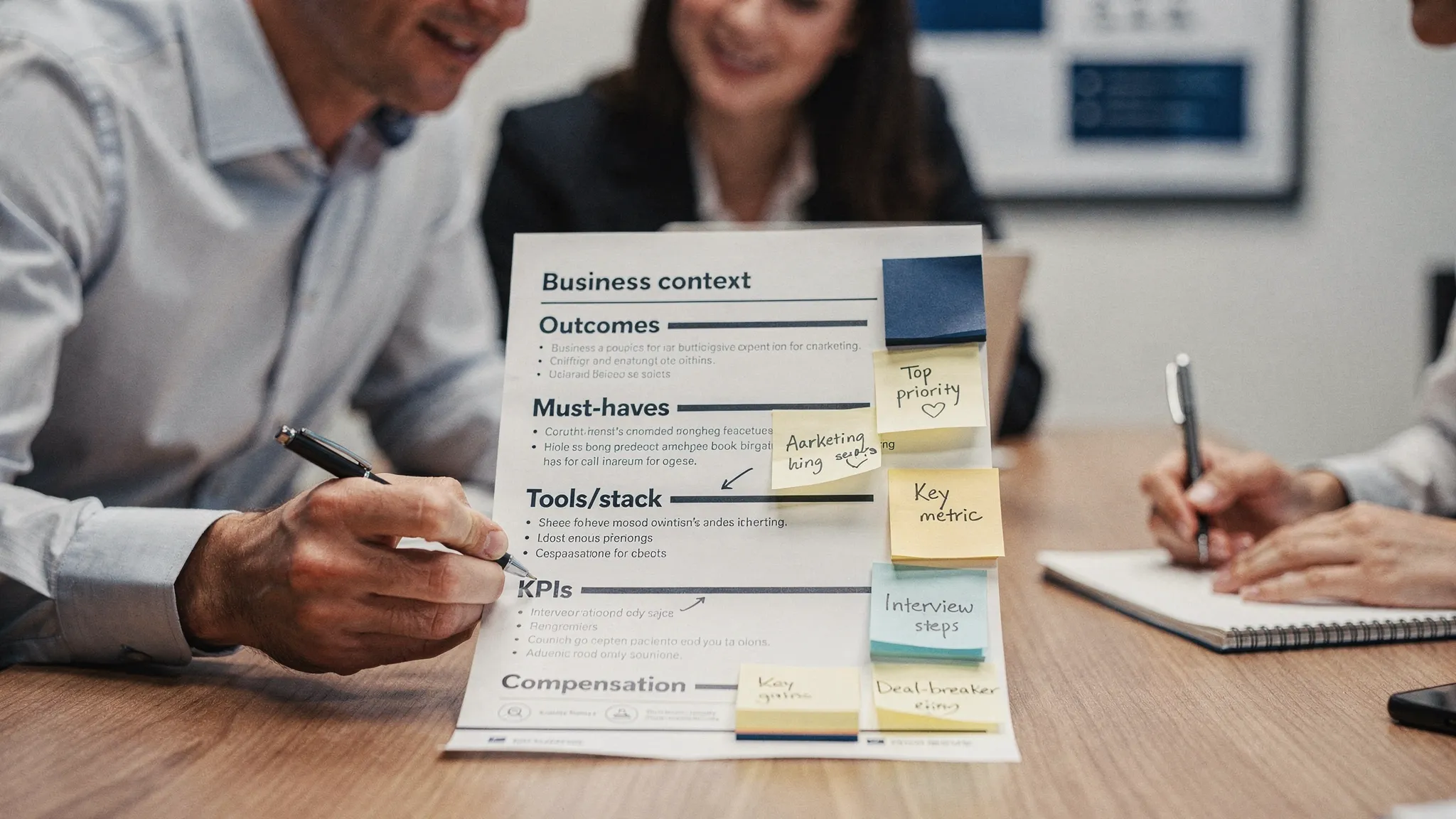 A hiring manager and a recruiter reviewing a one-page marketing role brief with headings for business context, outcomes, must-haves, tools/stack, KPIs, interview steps, and compensation, with sticky notes highlighting key priorities.