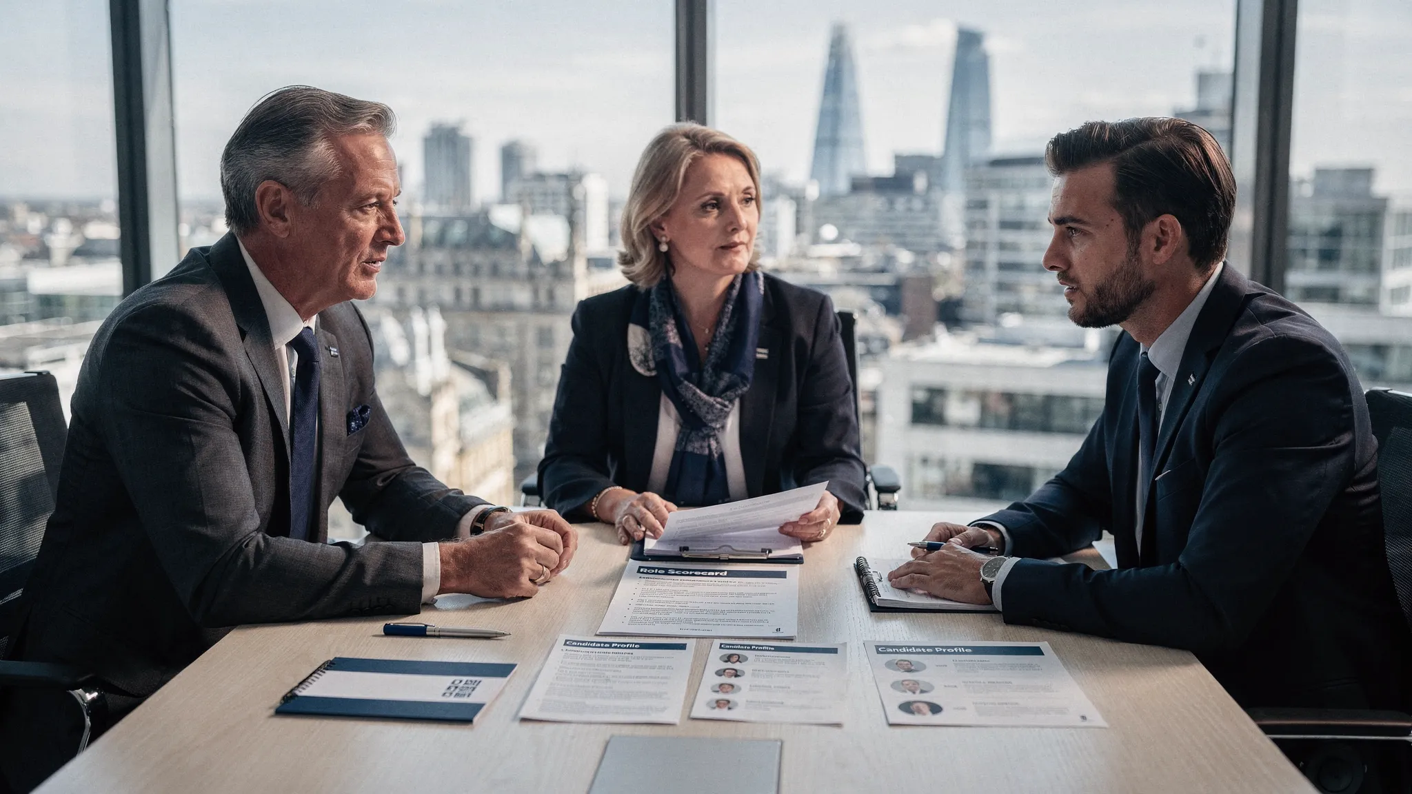 A London-focused executive search meeting in a modern office: two senior stakeholders and a recruiter reviewing a printed role scorecard and candidate profile summaries, with the London skyline visible through the window in the background.