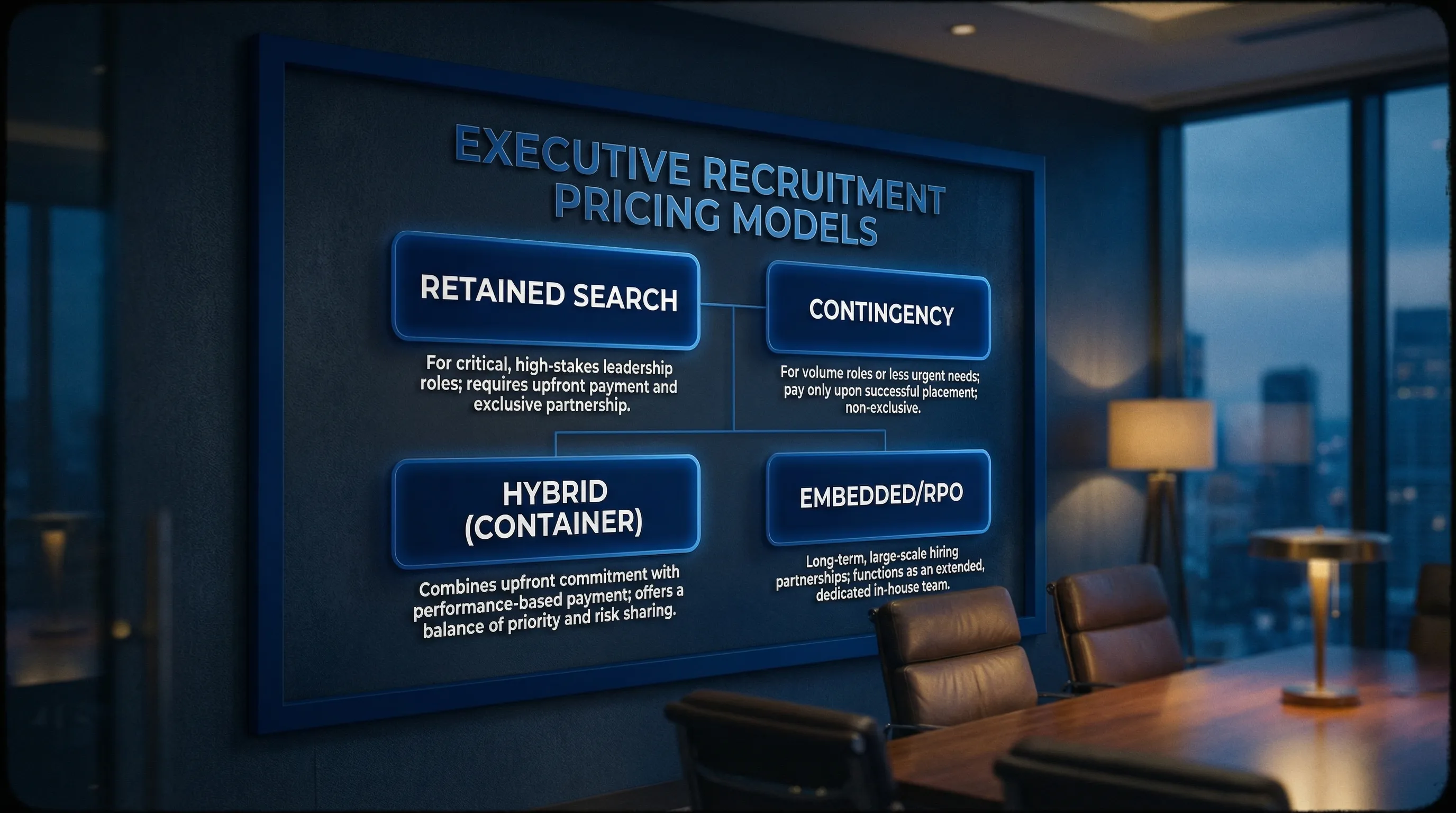 A simple four-box diagram showing executive recruitment pricing models: Retained Search, Contingency, Hybrid (Container), and Embedded/RPO, with short notes under each about when to use them.