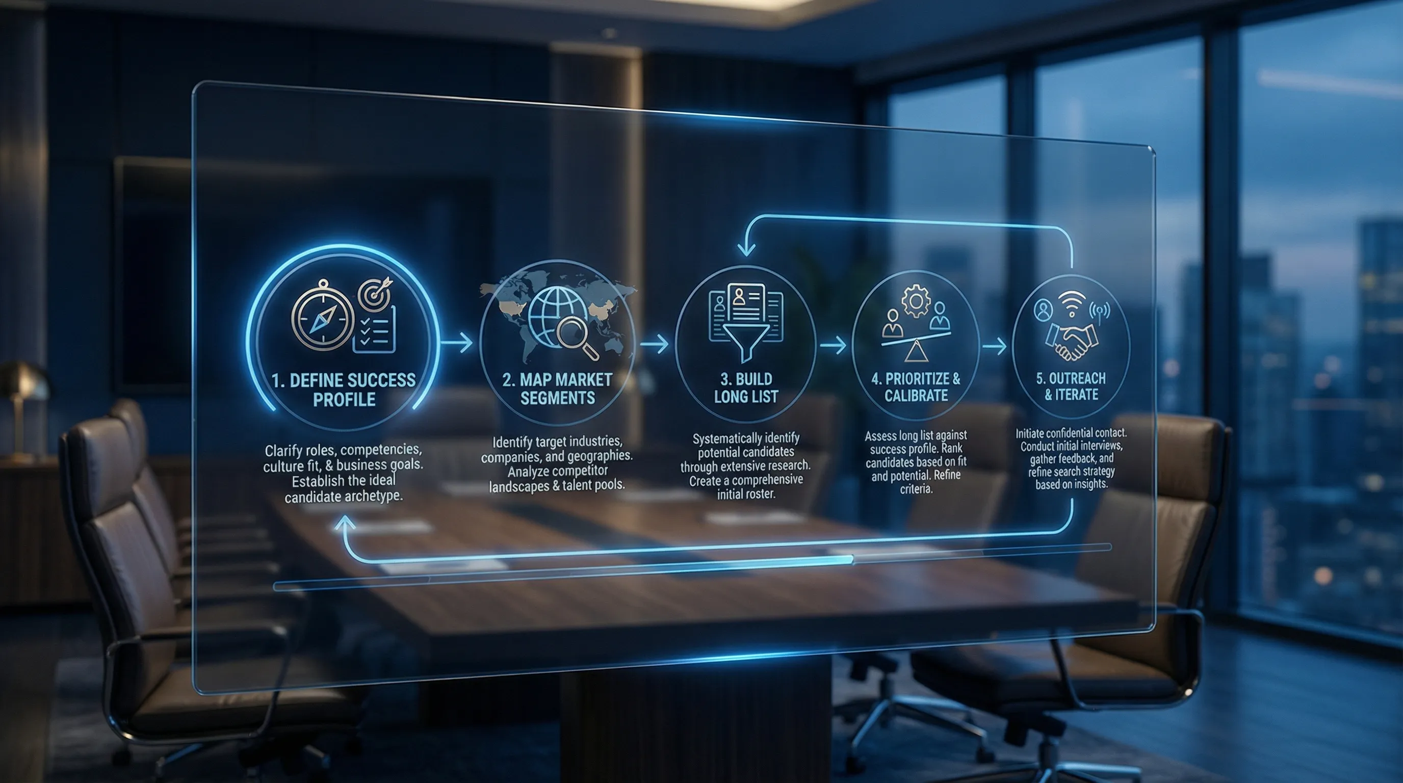 A simple five-step diagram showing the executive search market mapping flow: define success profile, map market segments, build long list, prioritise and calibrate, outreach and iterate.